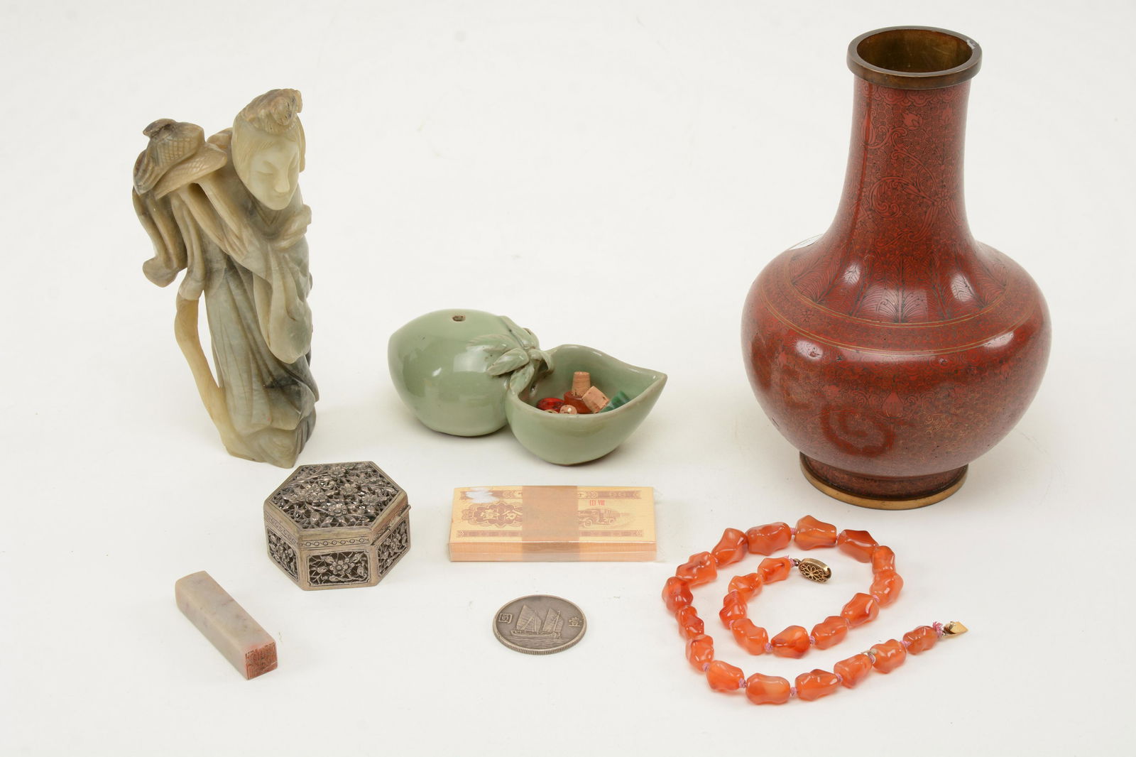 Asian Decorative Objects. Red cloisonne vase, carved (1 of 11)