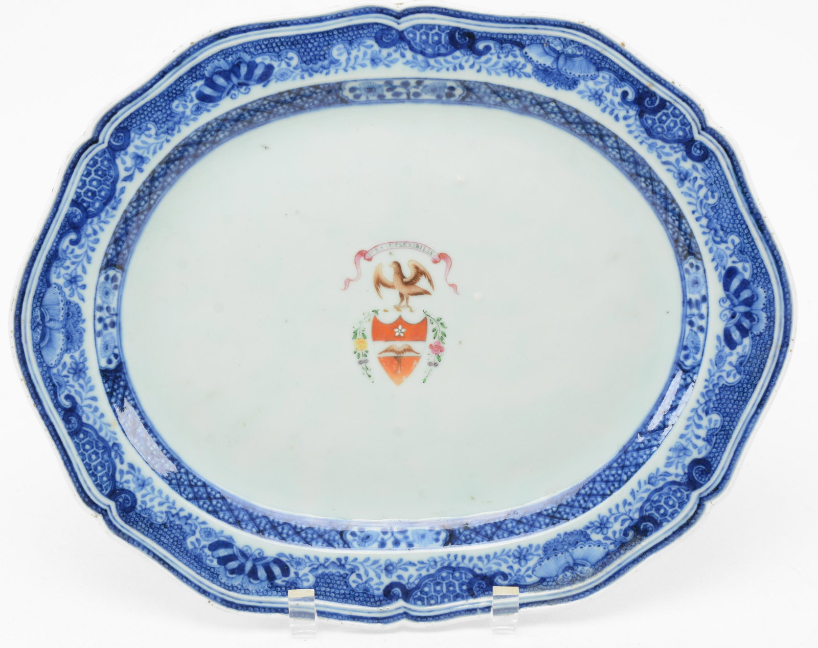 Chinese Export porcelain Fitzhugh decorated platter: Chinese Export porcelain Fitzhugh decorated platter with armorial crest of the Shank family, commander of HMS Inflexible that fought at the battle of Valcour Island. 13.75 x 10.25” Rim frits and