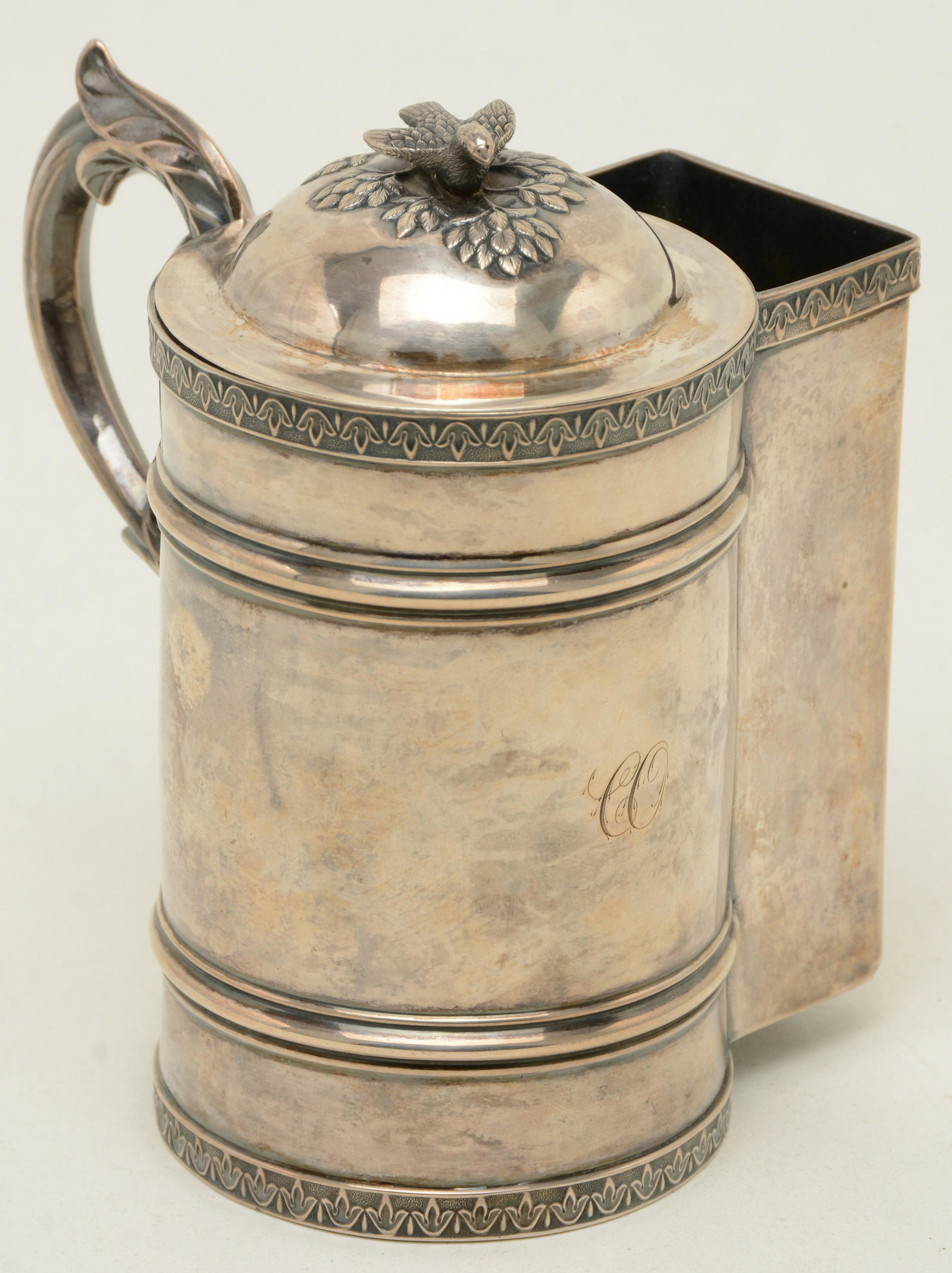 R&W Wilson early American coin silver covered shaving: R&W Wilson early American coin silver covered shaving mug with brush compartment. Philadelphia. Second quarter 19th century. Marked twice on bottom R&W.WILSON in rectangle; also the letter P twice inc