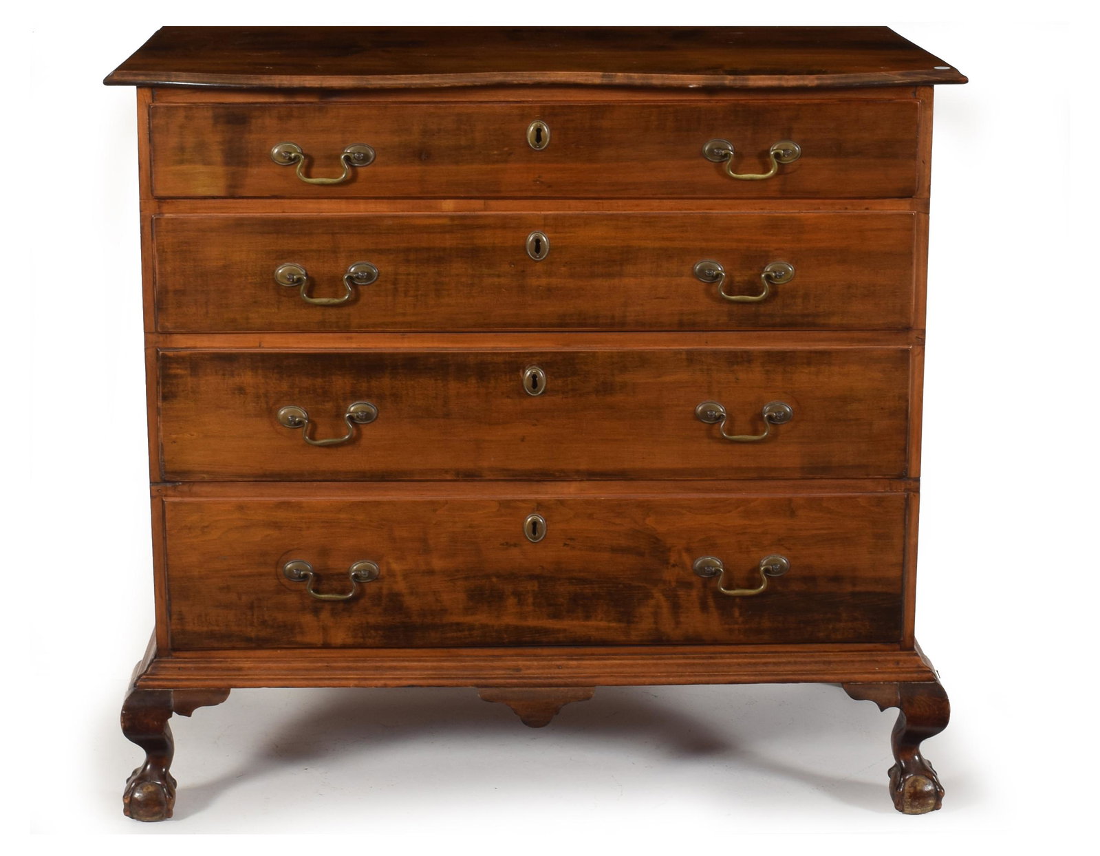 Chippendale birch chest of drawers, Coastal: Chippendale birch chest of drawers, Coastal Massachusetts, circa 1780. Oxbow top above four graduated drawers with center drop and bold ball and claw feet. 38” height, 40” width, 21”