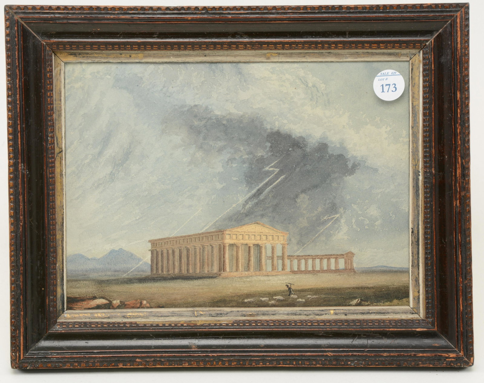Early 19th Century watercolor, Neo-classical view of a: Early 19th Century watercolor, Neo-classical view of a Doric temple with lighting and figure in foreground. Under glass in molded frame. Overall image 8.75 x 11.25” Image size 6.25 x 8.25”
