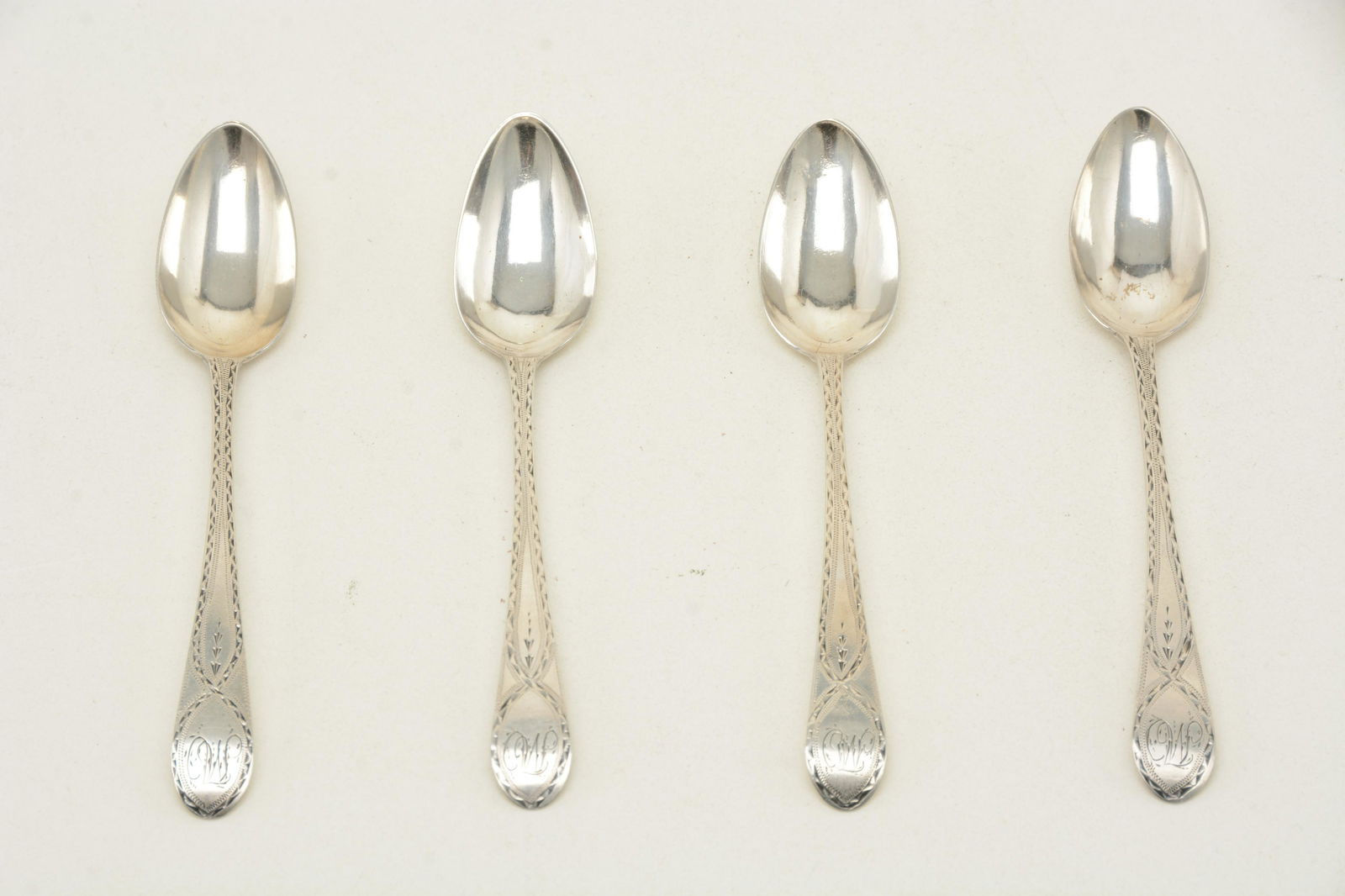 John Myers colonial American coin silver teaspoons,: John Myers colonial American coin silver teaspoons, Phila, circa 1800. Bright cut, birdback, oval end. Length 5-3/4". Weight 1.66 troy ounces. From the David Thomas Collection and Gebelein silver Comp