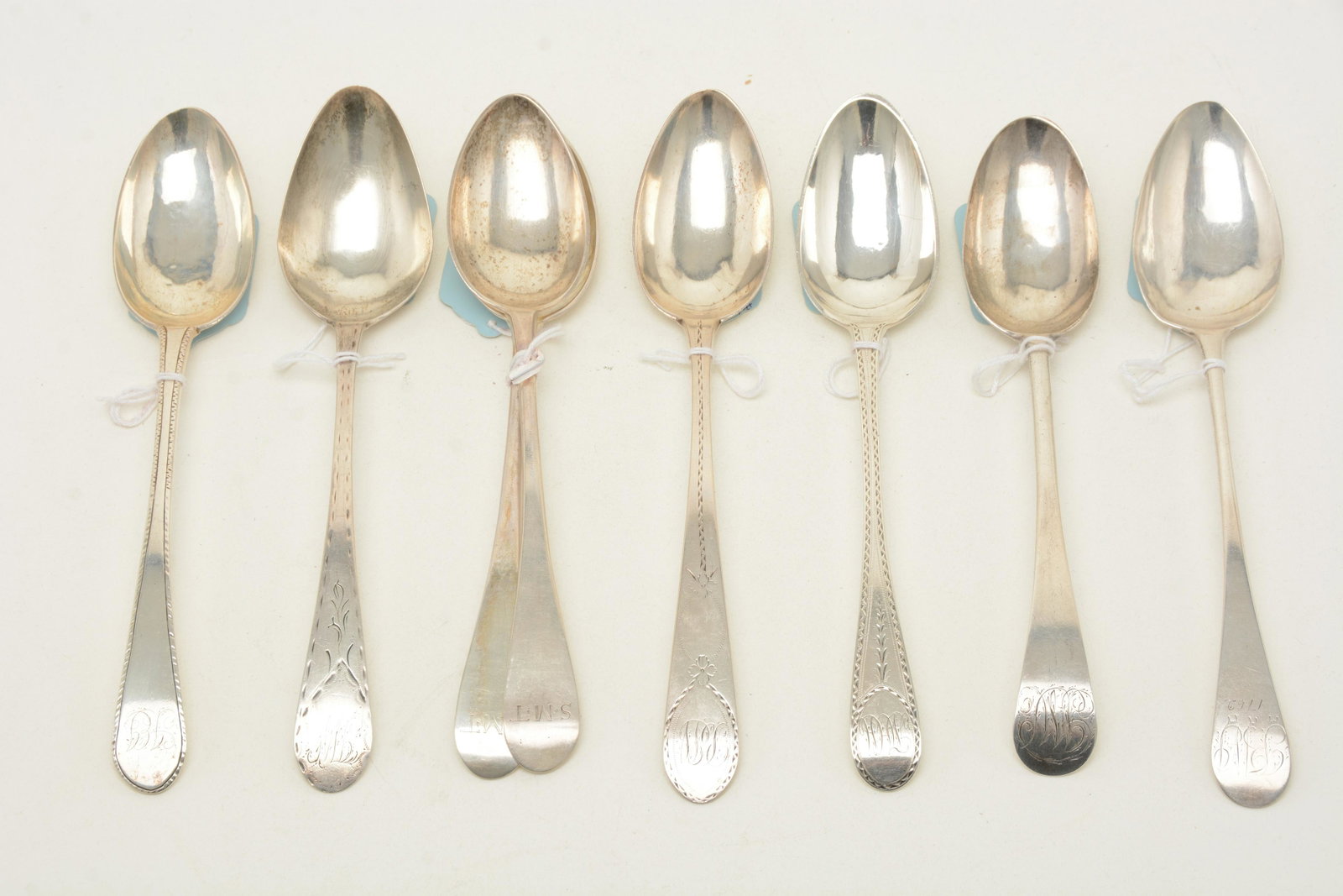 Colonial American coin silver tablespoons. [8] total: Colonial American coin silver tablespoons. [8] total spoons including Joseph Anthony Jr. (Philadelphia), pair by Joshua Dorsey (Phila), John Myers (Phila), Samuel Richards (Phila), John David (Phila),