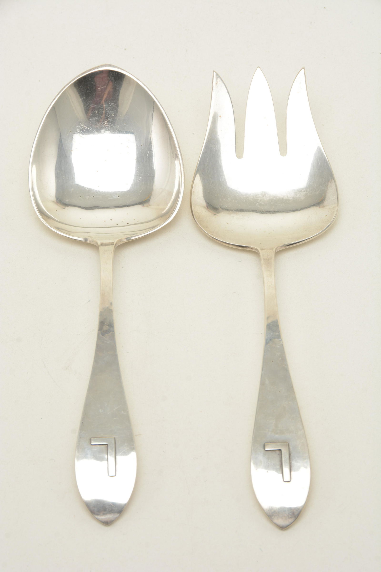 Porter Blanchard sterling silver Salad serving set;: Porter Blanchard sterling silver Salad serving set; Burbank, CA; mid-20th C. Also marked HANDMADE in rectangle. Pointed end. Length of fork 10-1/4", of spoon 10-1/8". Weight 8.15 troy oz. The monogram