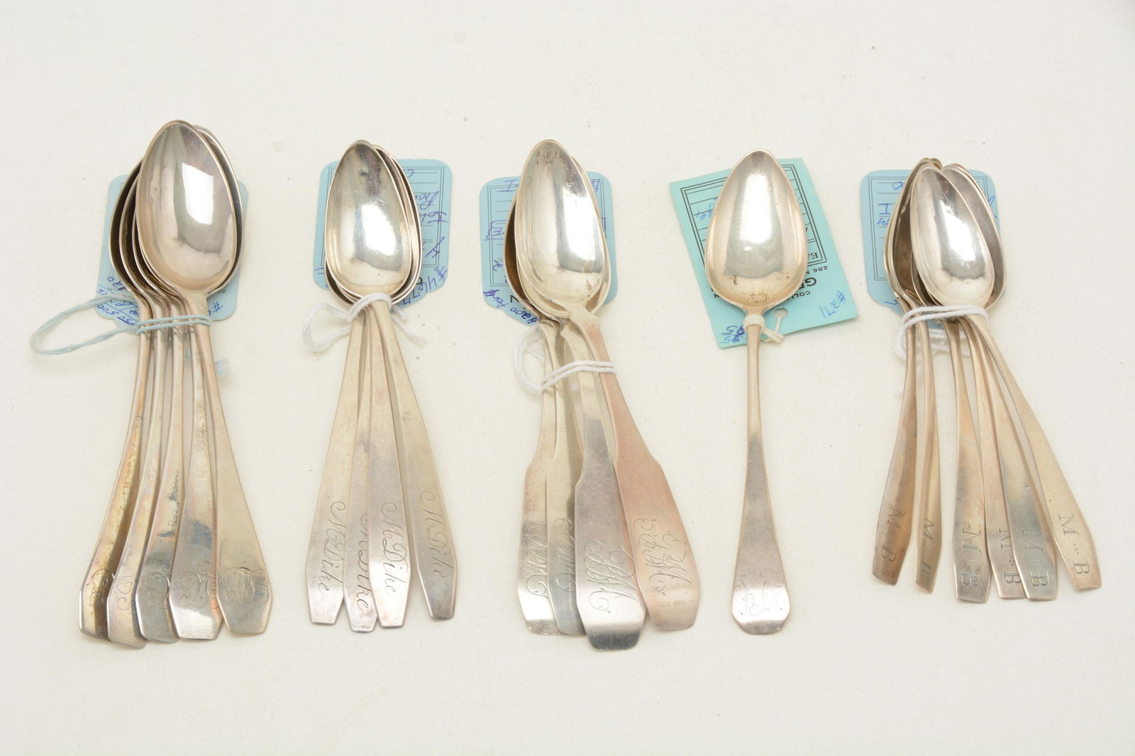 Providence, RI early American coin silver teaspoons.: Providence, RI early American coin silver teaspoons. Includes sets of [5] by Ezekial Burr, [4] by G. Dorrance, [4] by John K. Pitman, [6] by Saunders Pitman, and a single teaspoon by Nehemiah Dodge. A