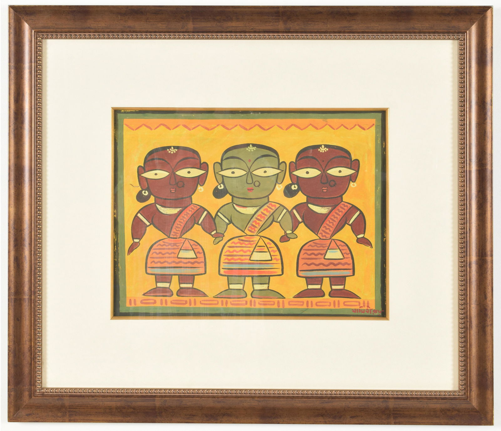 Jamini Roy, India. “3 Figures” Gouache on card or: Jamini Roy, India. “3 Figures” Gouache on card or paper. Signed lower right. Framed. 13 x 17.5” sight size; 26.5 x 31 overall size. .75” x .125” line hole left side by fi