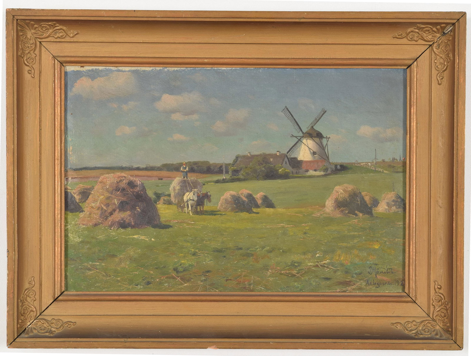 Peder Mork Monsted. Danish. “Aalsgaarde” 1921.: Peder Mork Monsted. Danish. “Aalsgaarde” 1921. Summertime haying harvesting scene with windmill and hay wagon. Oil on canvas. Framed. Signed and dated lower right. Minor flaking along left