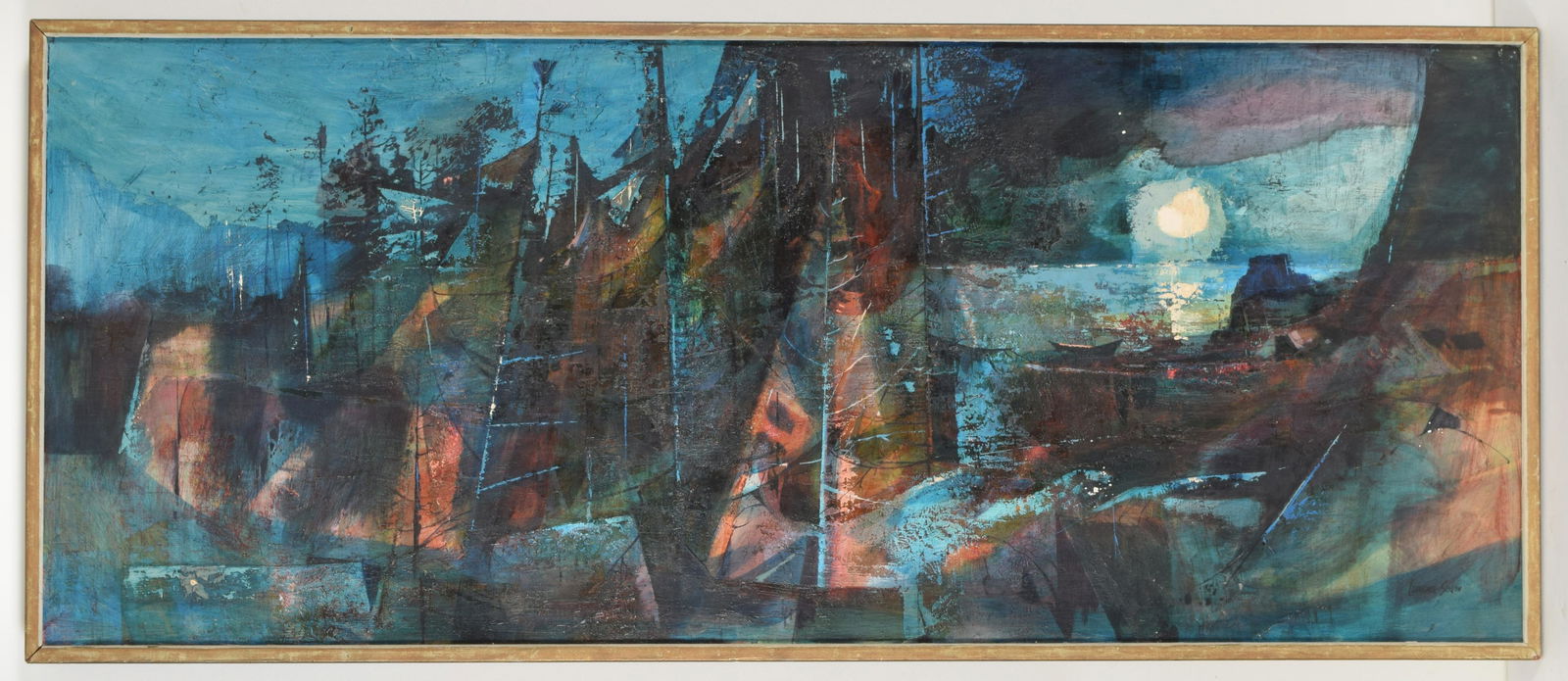 Lawrence Sisson, American. Abstract moonlight landscape: Lawrence Sisson, American. Abstract moonlight landscape with rowboat at shore. Oil on masonite. Signed lower right. Framed. Overall size 24.75 x 61” Small areas of paint flaking, craquelure.