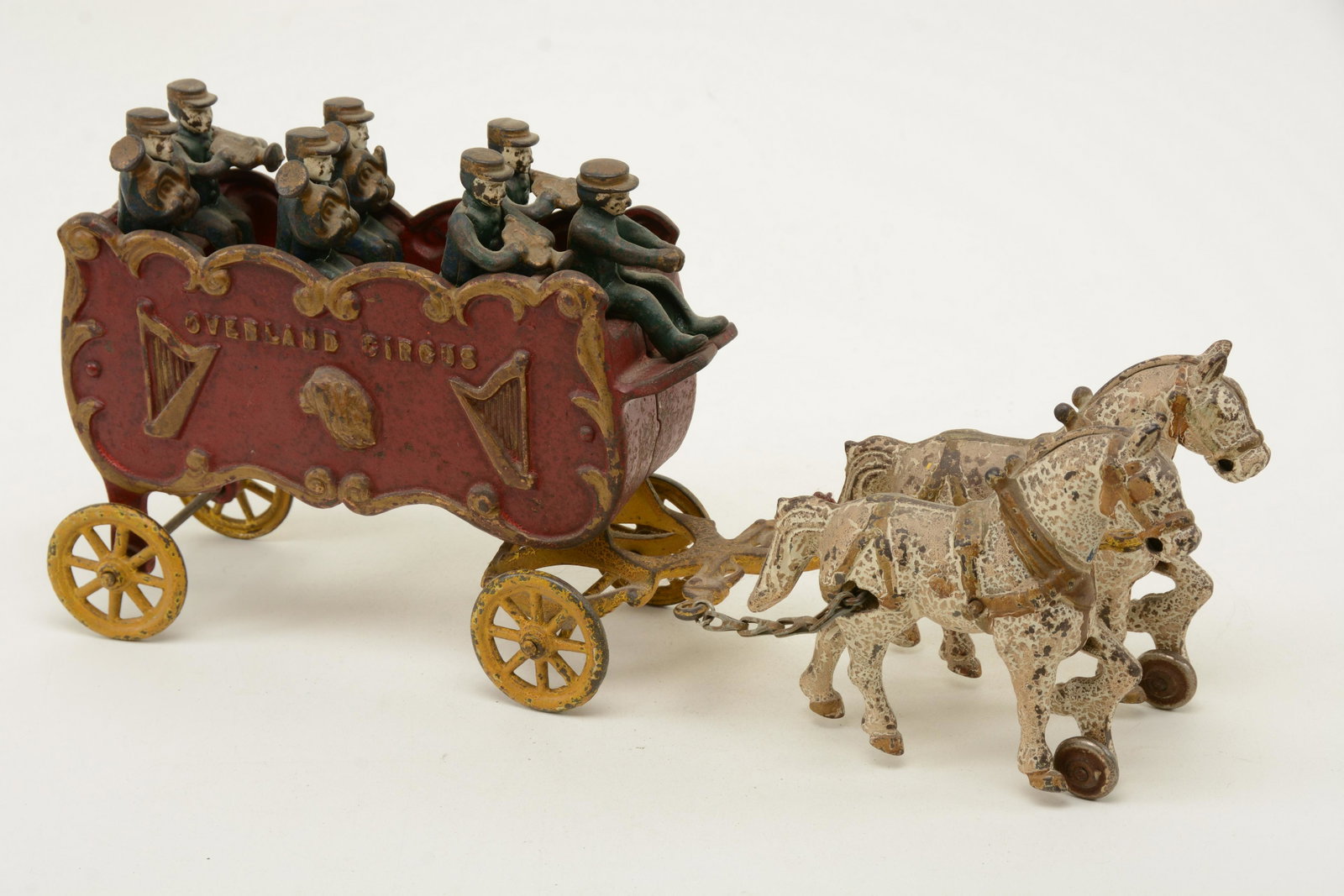 Kenton Overland Circus horse-drawn bandwagon, circa: Kenton Overland Circus horse-drawn bandwagon, circa 1930. Six musicians and driver. 15.5” length. Good paint, craquelure to horse, good old paint, no riders.
