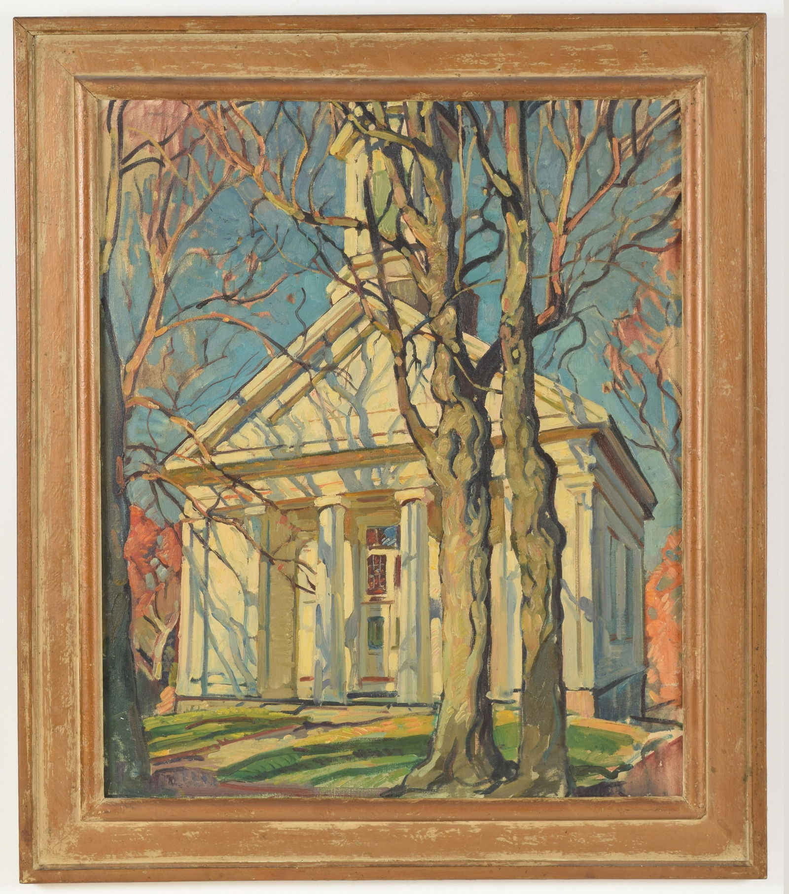 Attributed to William Lester Stevens, American. Church: Attributed to William Lester Stevens, American. Church with shade trees. Oil on canvas, unsigned. Framed. Areas of unfinished painting at edges. Image size 30 x 25” Overall size 37 x 31.5”