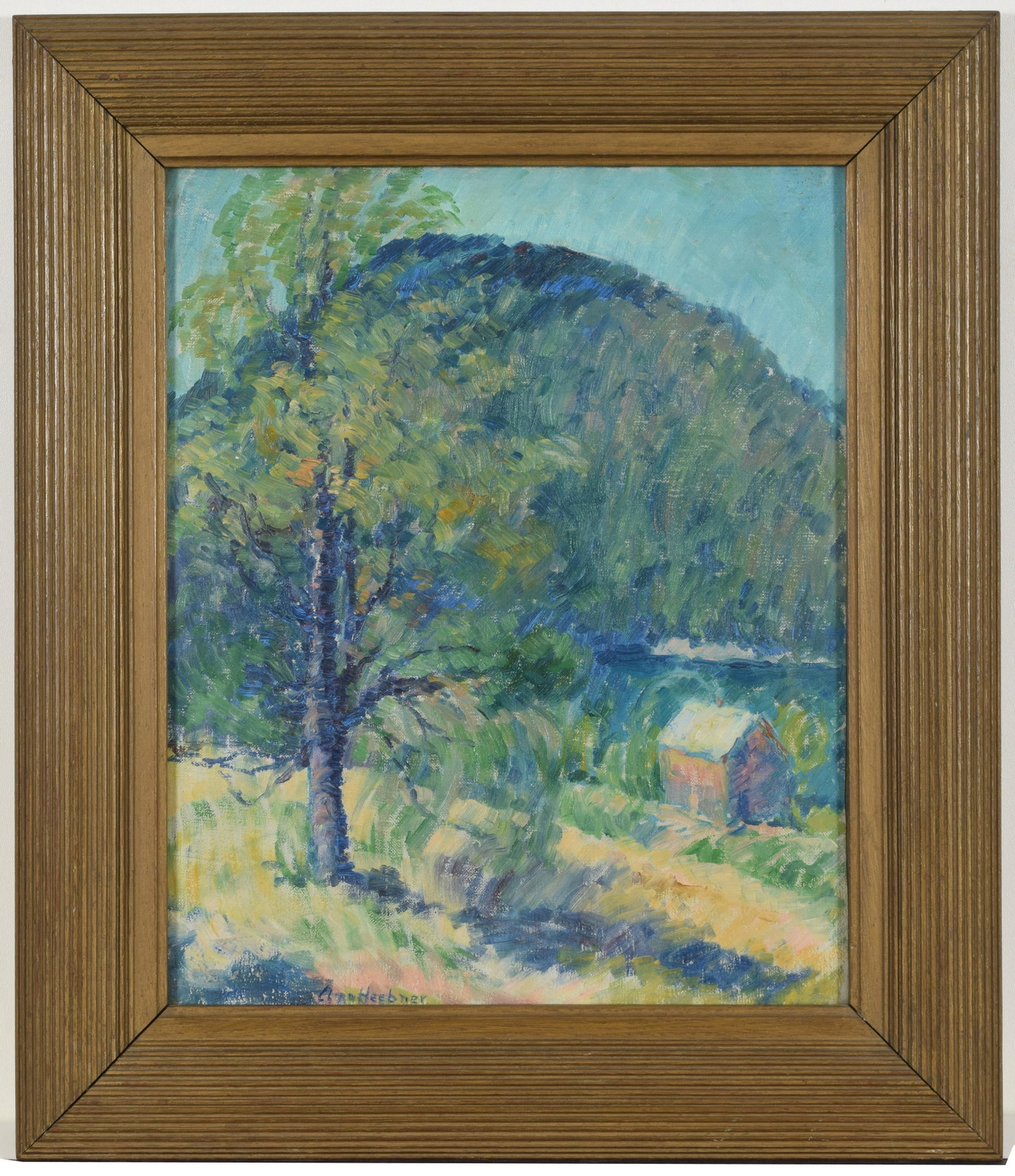 Ann Heebner. Pennsylvania. New Hope School. Bright: Ann Heebner. Pennsylvania. New Hope School. Bright impressionist hillside landscape with a house. Oil on board. Signed lower left. Framed in a vintage Whistler style frame. Titled on reverse label- &#