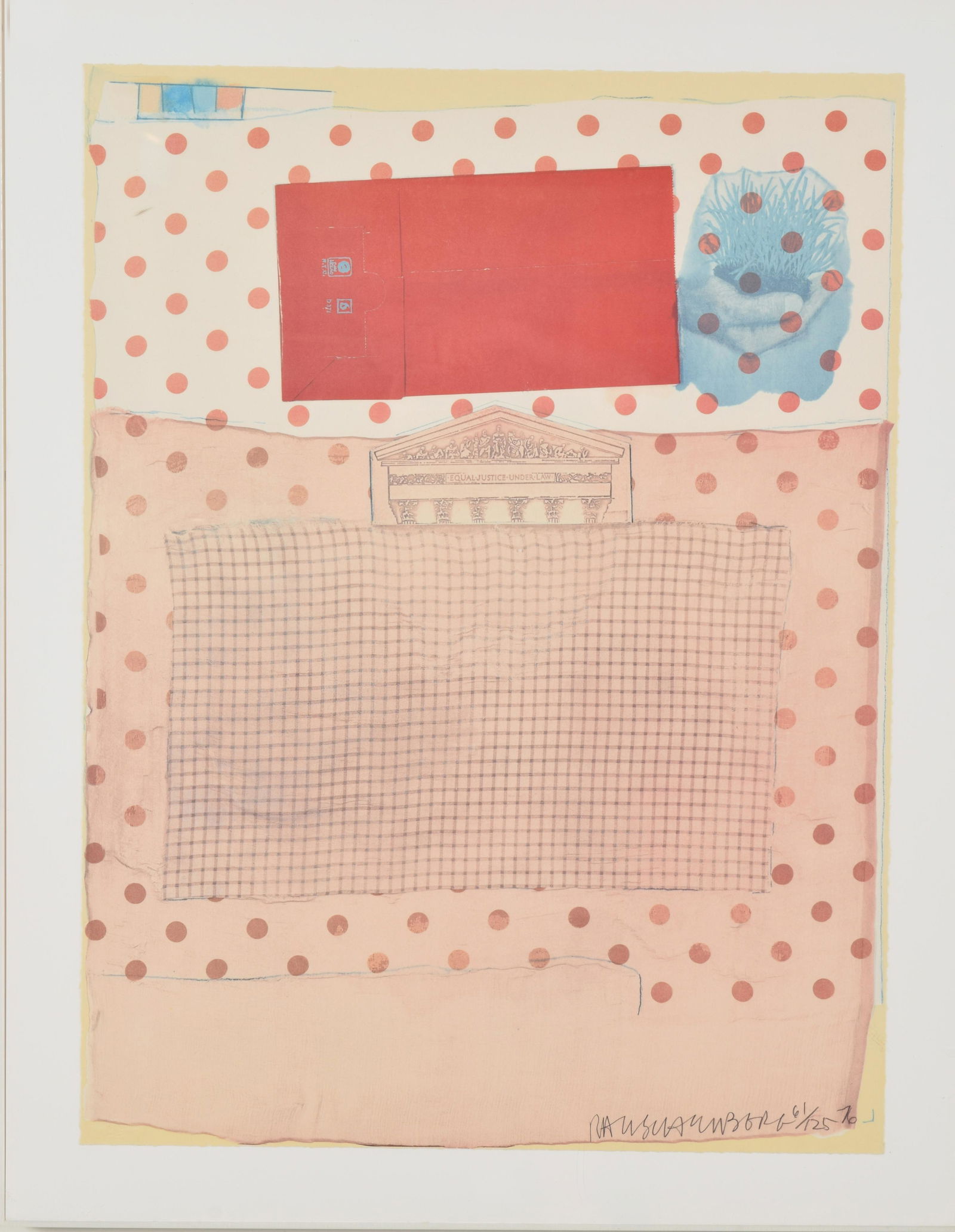 Robert Rauschenberg, American. Mix Media, title: Robert Rauschenberg, American. Mix Media, title Artist’s Rights Today. Edition61/125, date 1976. Gallery label verso. Image size 30 x 22.5” Overall size 35 x 27.5”