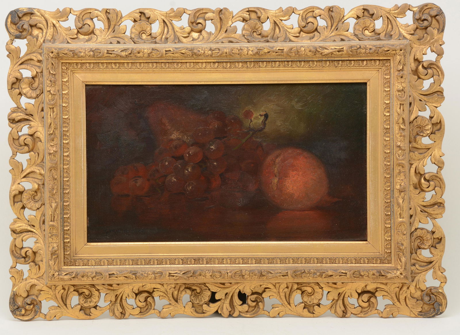 George William Whitaker. American. Still life with: George William Whitaker. American. Still life with peach and grapes. Oil on panel. Original carved and gilt frame. Image size 8 x 14” Overall size 15.25 x 21.25” Original condition, one fr