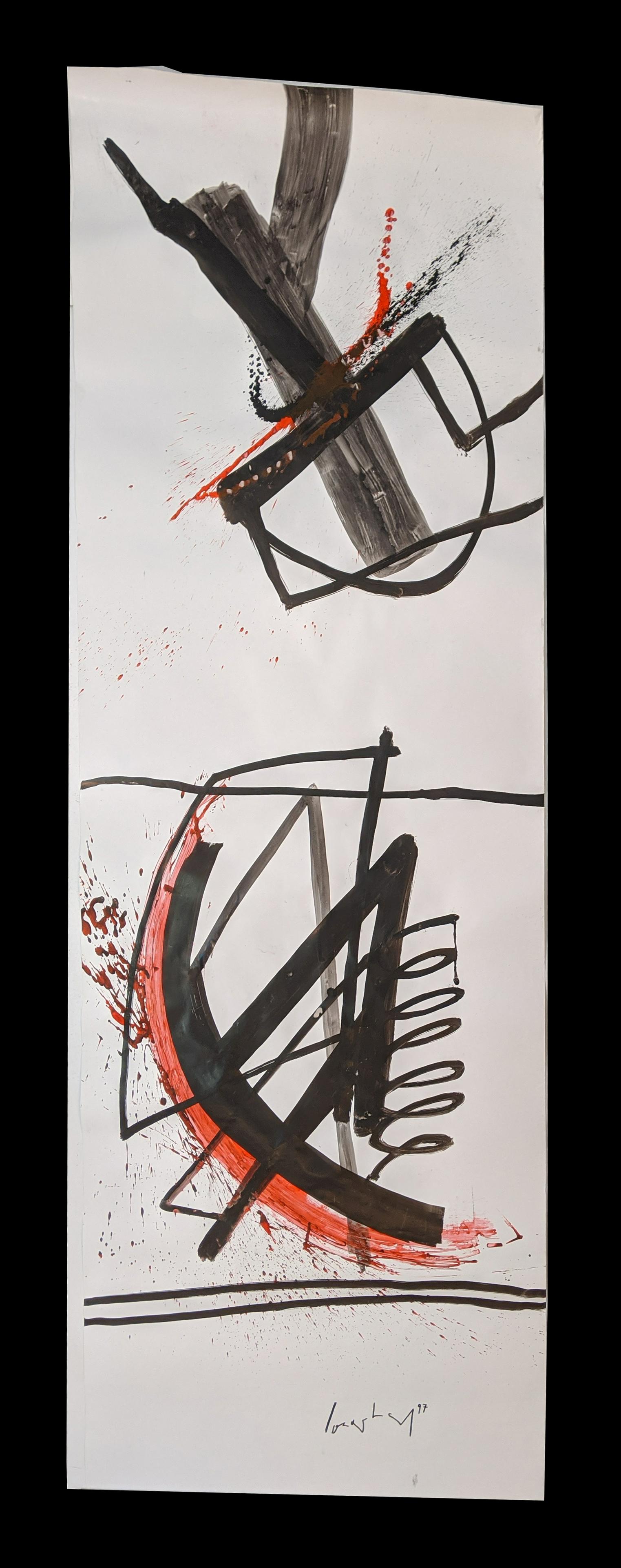 Kurt Rudolf Hoffmann Sonderborg. Germany/Denmark. Black: Kurt Rudolf Hoffmann Sonderborg. Germany/Denmark. Black ink abstract painting. Signed and dated 1989 lower center. On paper. Unframed. 112” x 36”.