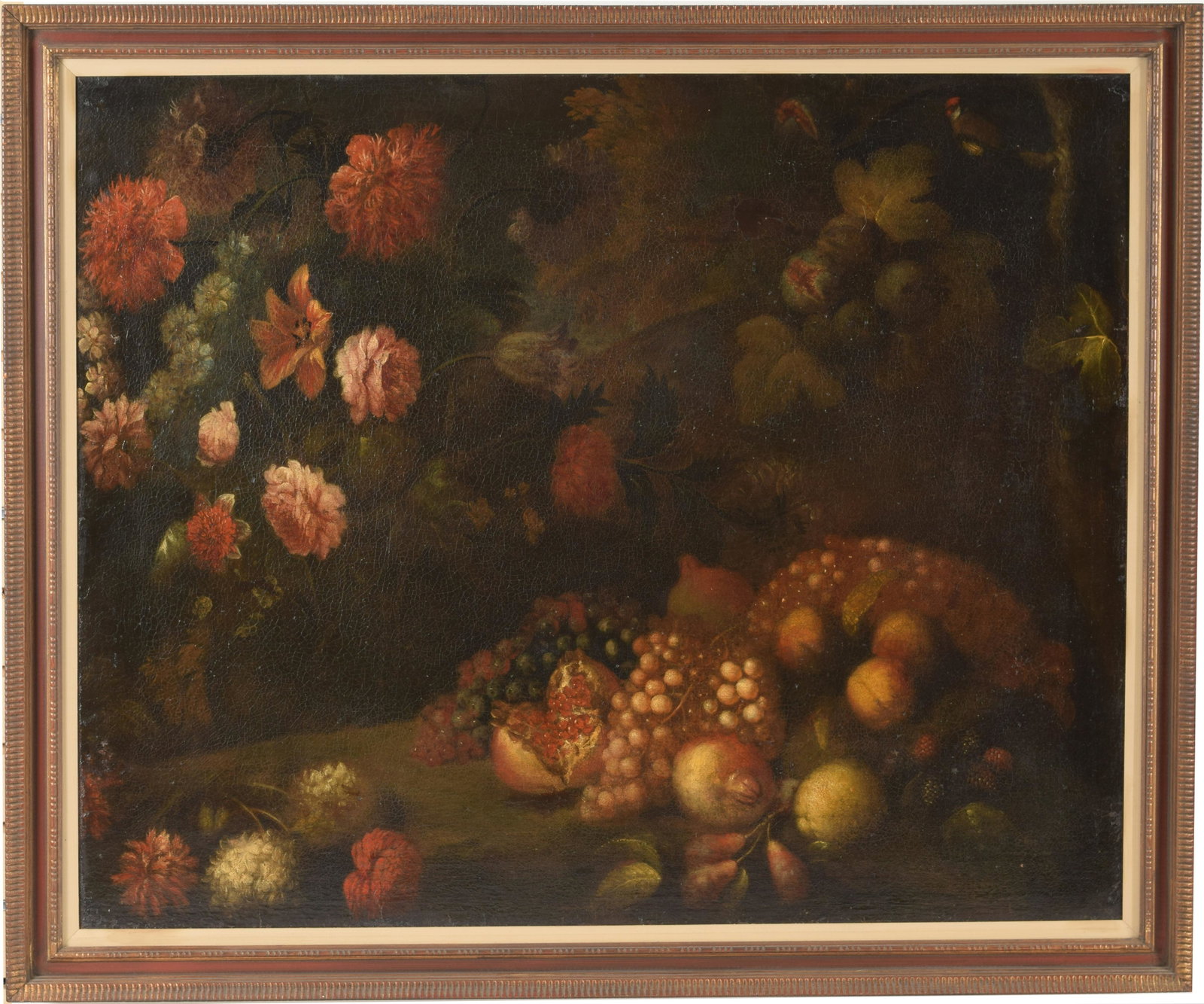 17th/18th century Old Master large still life painting: 17th/18th century Old Master large still life painting of a bird and fruit and flowers. Probably Flemish. Oil on canvas. Old reline. Craquelure. 2” filled spot in upper center. Thinning to paint