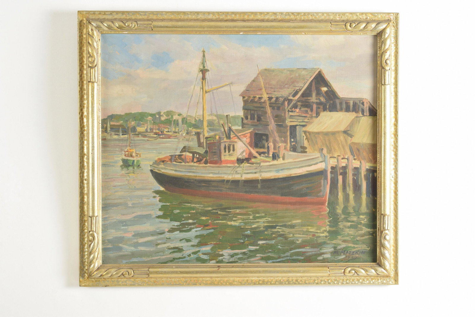 Meyer Matzkin. Russian-American. North Shore, Mass.: Meyer Matzkin. Russian-American. North Shore, Mass. Dock scene- probably Gloucester. 1937. Oil on canvas. Framed in a vintage silver leaf carved frame. Good condition. Sight size: 20” x 24”