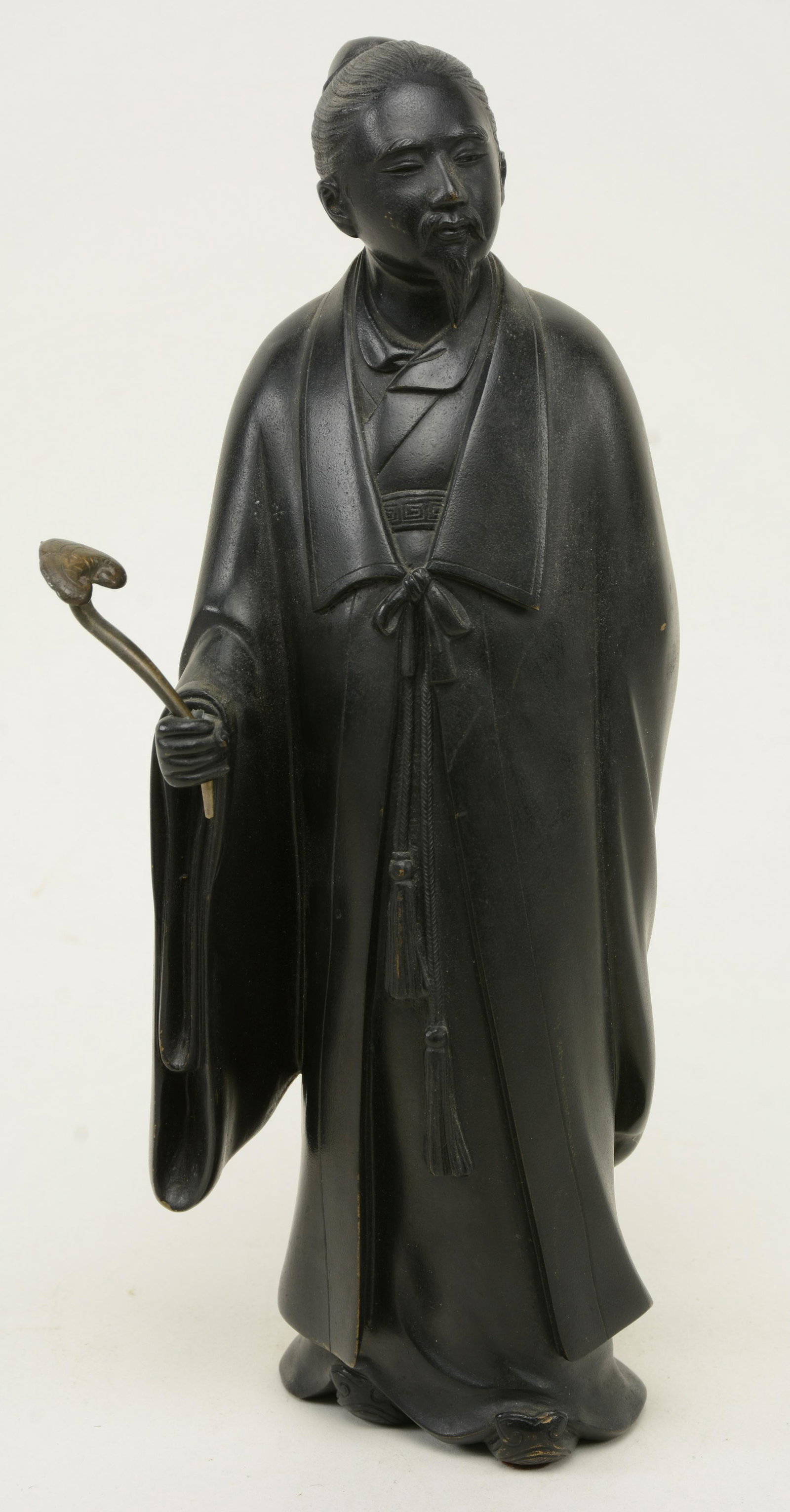 Bronze Figure of Standing Scholar/Priest, Japan, Showa: Bronze Figure of Standing Scholar/Priest, Japan, Showa Period 20th century, holding a scepter. Height 12 in.