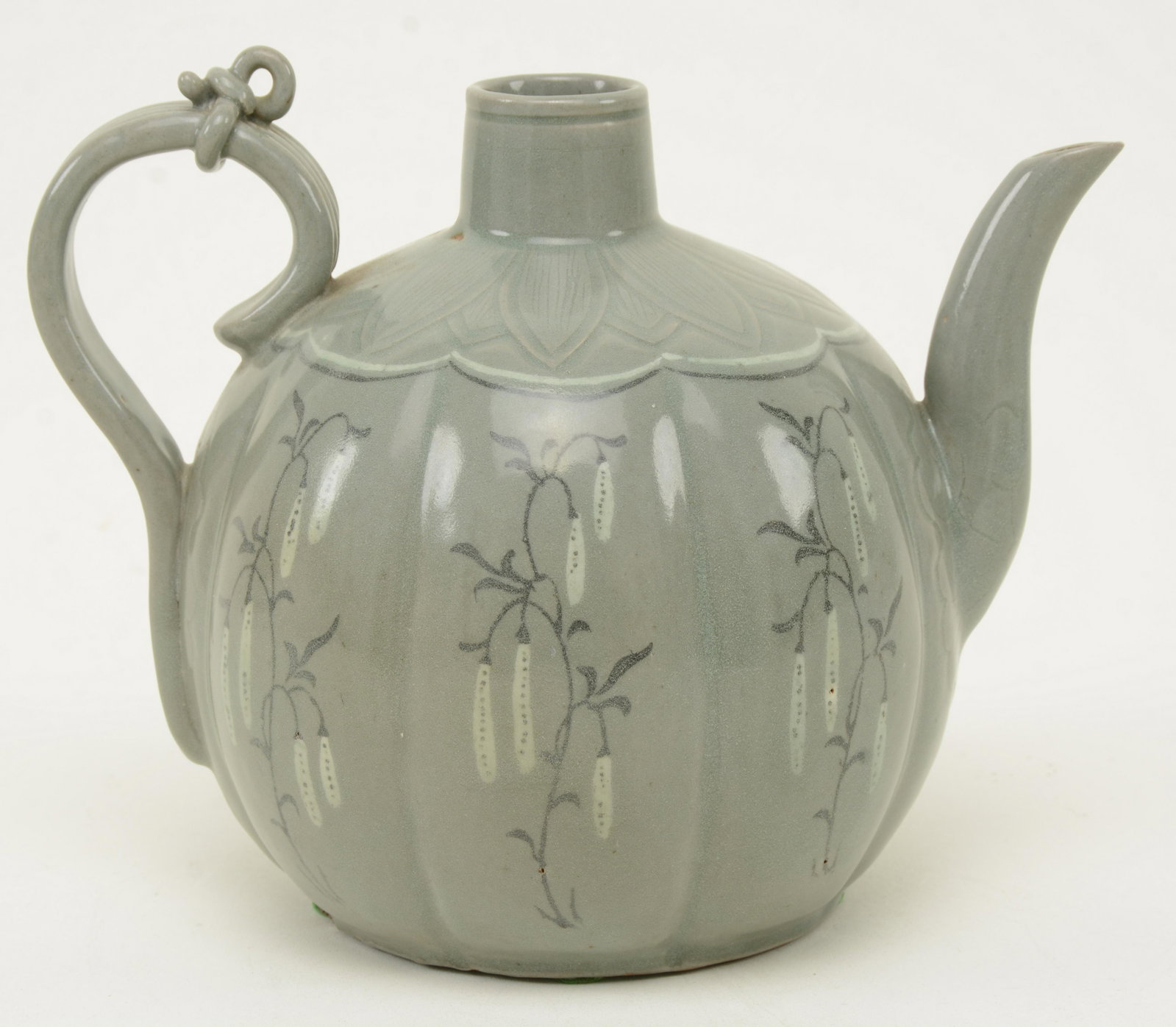 Stoneware Wine Ewer. Korea. Koryo style celadon with: Stoneware Wine Ewer. Korea. Koryo style celadon with sanggam inlays of plants. Probably early 20th century. 9-1/2 in x 7-3/4 in.