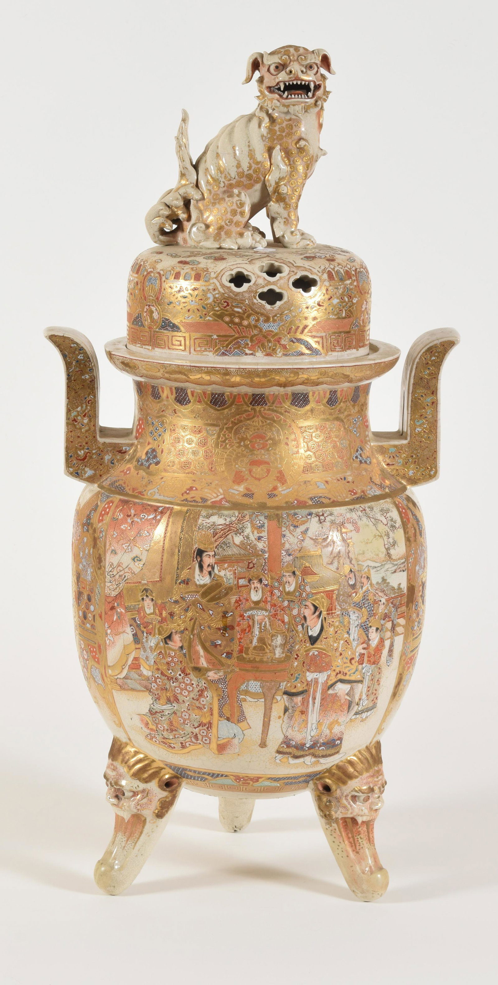 Large stoneware censor. Japan Meiji period (1868-1912).: Large stoneware censor. Japan Meiji period (1868-1912). Food dog finial. Satsuma where declaration of martial scene. Repainted feet, assorted cracks to body. Height 31 in