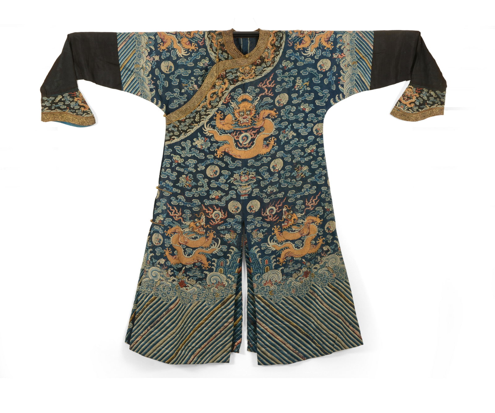 Dragon robe, China, 19th Century. Dragons: Dragon robe, China, 19th Century. Dragons and auspicious symbols on a dark blue ground (loose threads, stains). 49” x 78”.