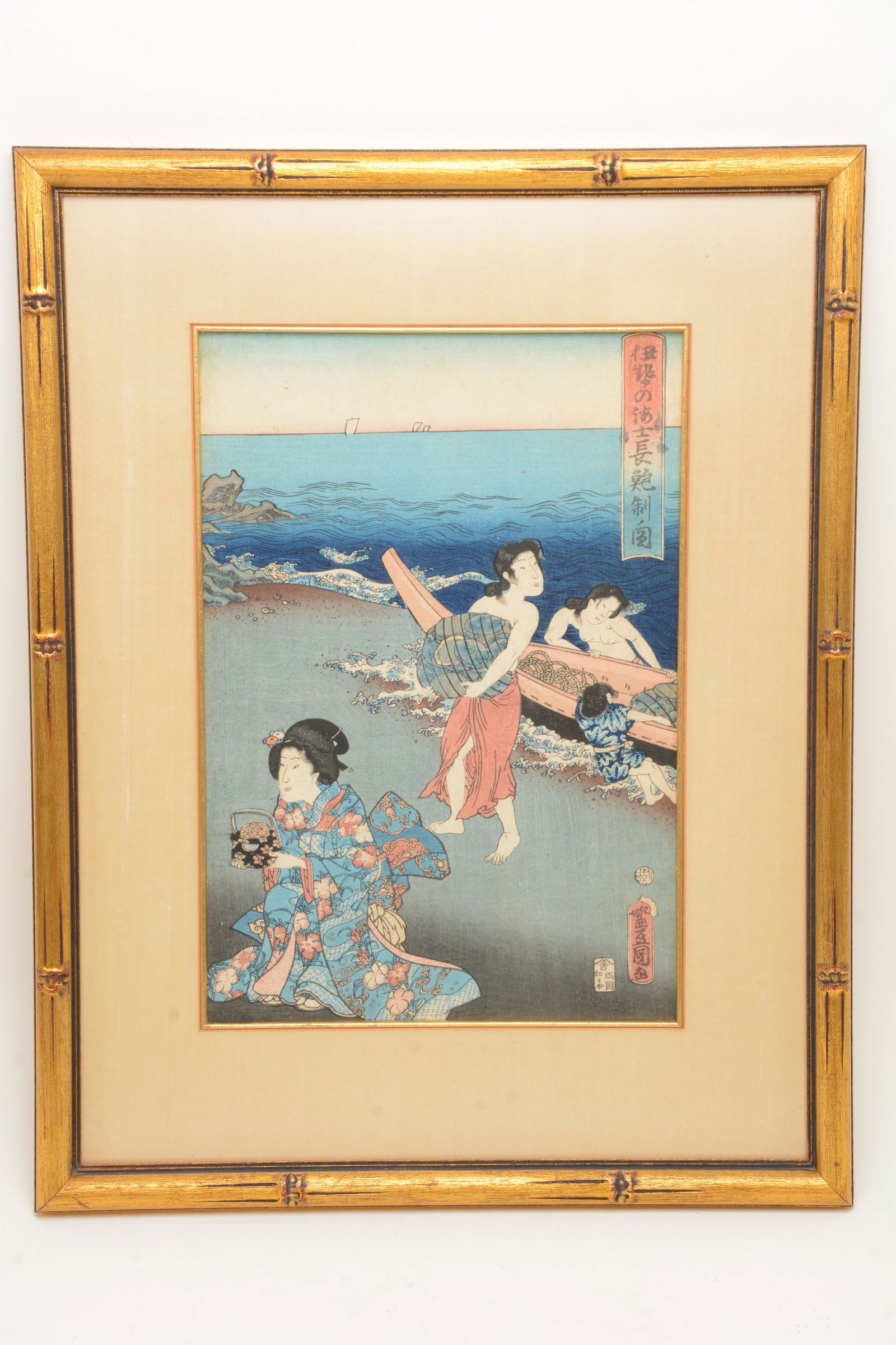 Toyokuni woodblock print. Japan. 19th century.: Woodblock print. Japan. 19th century. Toyokuni. Women fishermen unloading abalone.