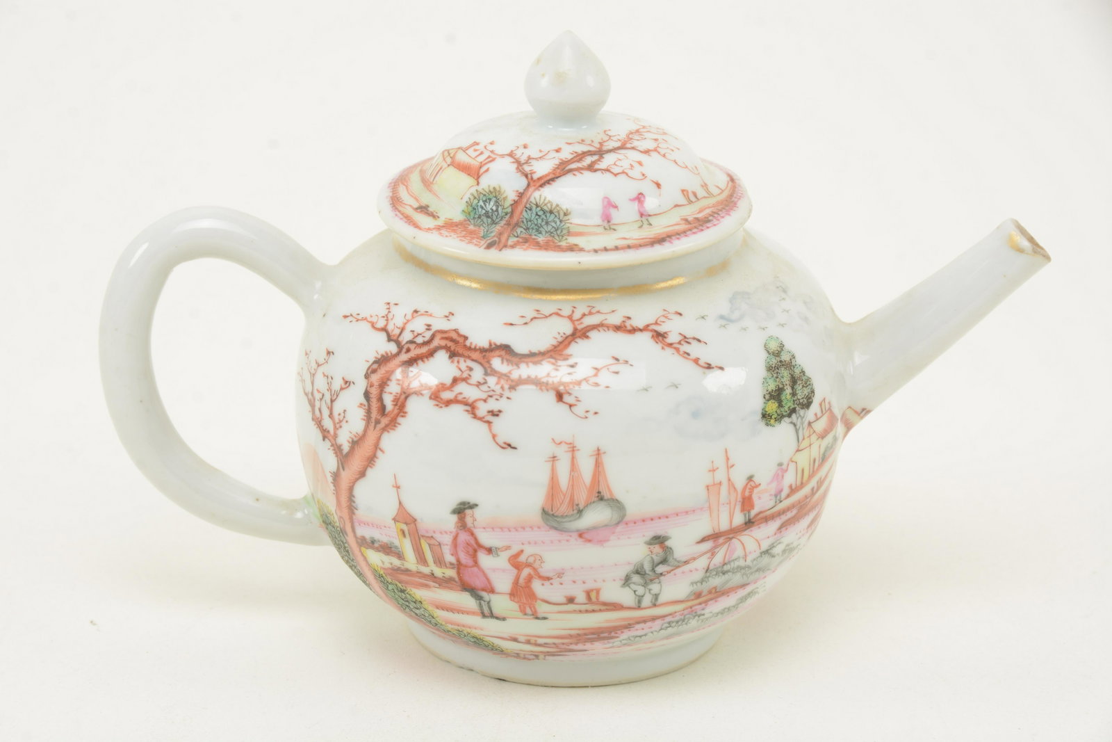 18th Century Chinese export porcelain teapot. Globular: 18th Century Chinese export porcelain teapot. Globular body. Famille rose decoration of European scenes. 7 x 4.75in. rim frits to spout and handle.