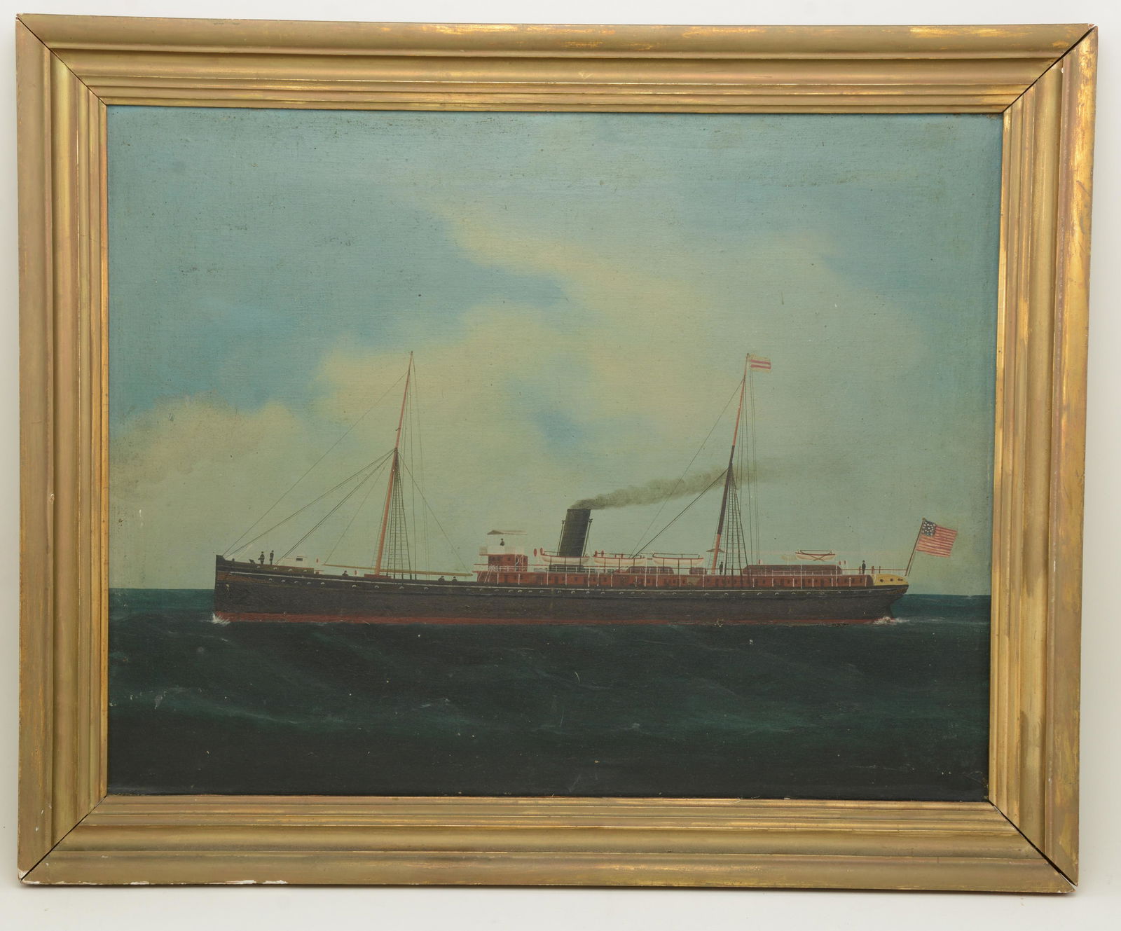 Late 19th Century American School marine ship portrait: Late 19th Century American School marine ship portrait of sail steamer with American flag. Original frame. Oil on canvas. Slight small slit. Minor loss. Good condition. Sight: 17.5in x 23.25in. Overal