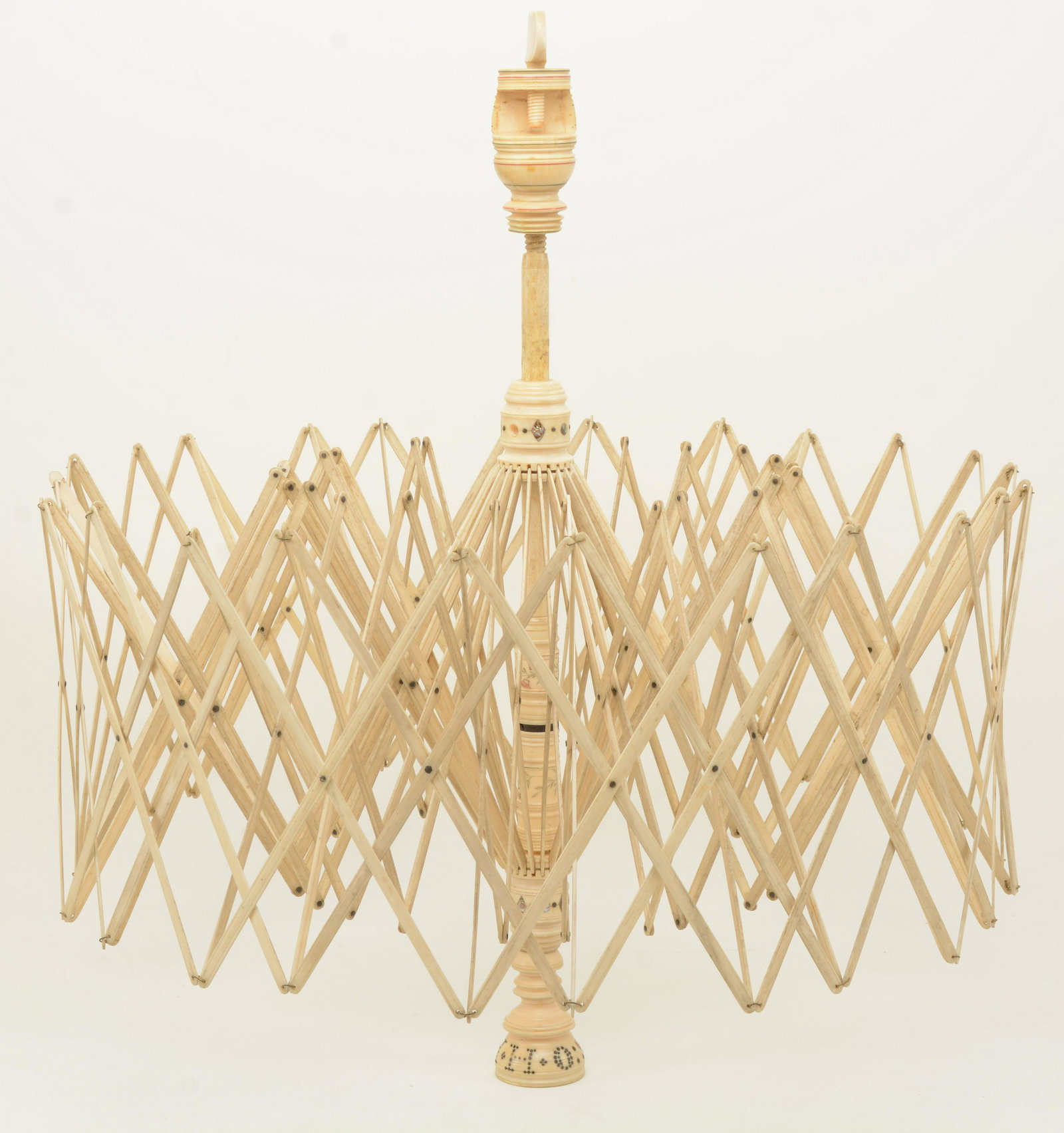 19th century scrimshaw panbone single-cage swift.: 19th century scrimshaw panbone single-cage swift. Geometric mother of pearl inlay with initials O H. Custom display shelf. Height of swift 20.5in.