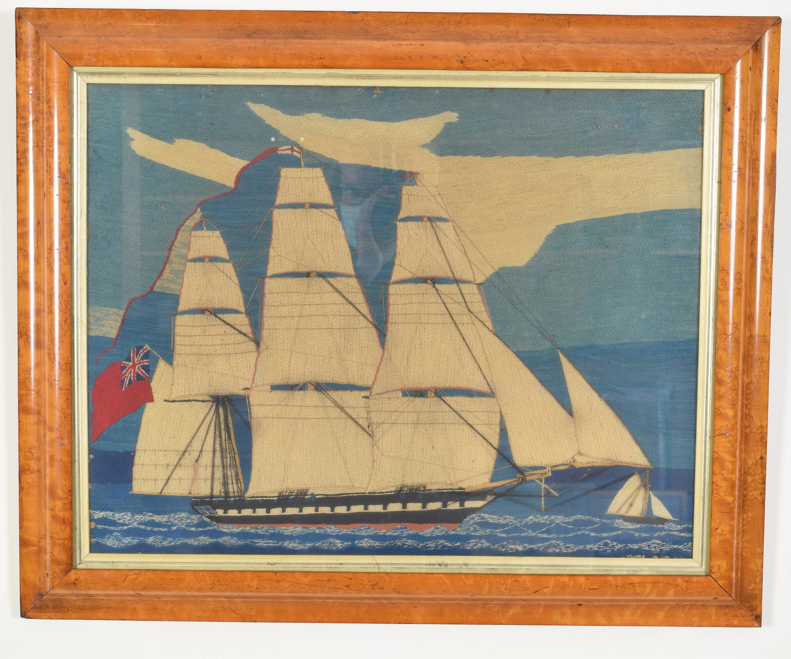 19th cent. British wooly ship embroidery. Sight 16.5 in: 19th cent. British wooly ship embroidery. Sight 16.5 in x 21.75 in. Birds-eye maple frame measures 22in x 27in.