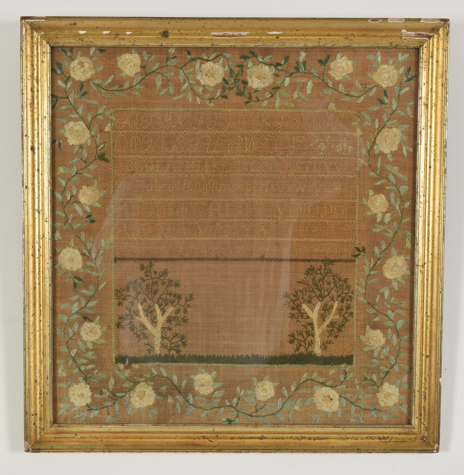 1825 Needham Massachusetts sampler. By Emily Kingsbury,: 1825 Needham Massachusetts sampler. By Emily Kingsbury, 14 years old. Floral border. There is still standing a historic â€œKingsbury” family home in Needham. Framed. Overall size 19 x 18.5in