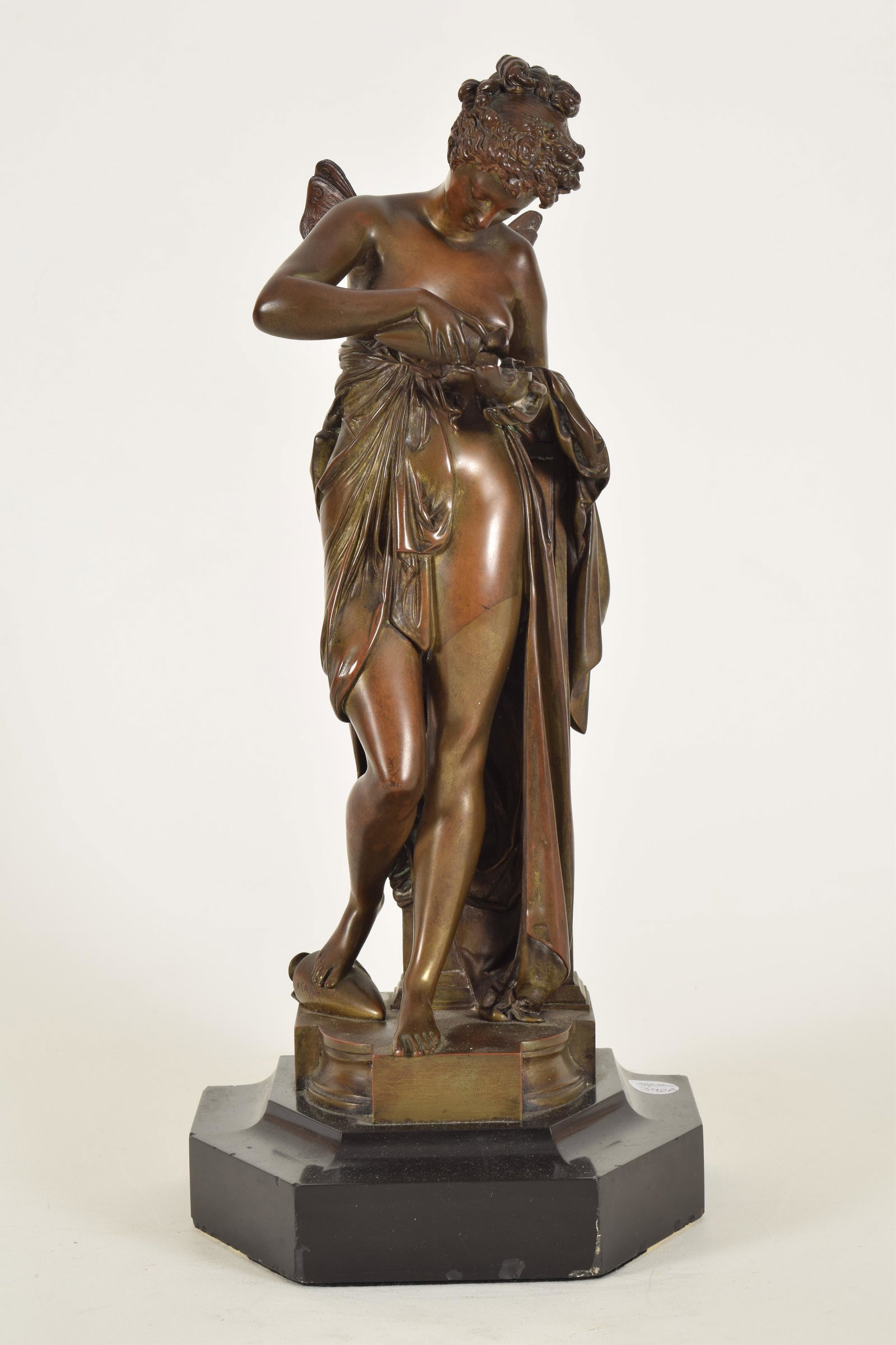 Albert Carrier Belleuse. 19th century. "Psyche": Albert Carrier Belleuse. 19th century. "Psyche" bronze sculpture on black marble base. Signed A. Carrier on Amphora vase on base. E. COBNU.BRD des ITALIENS 94. Foundry inscription on side base. Marble