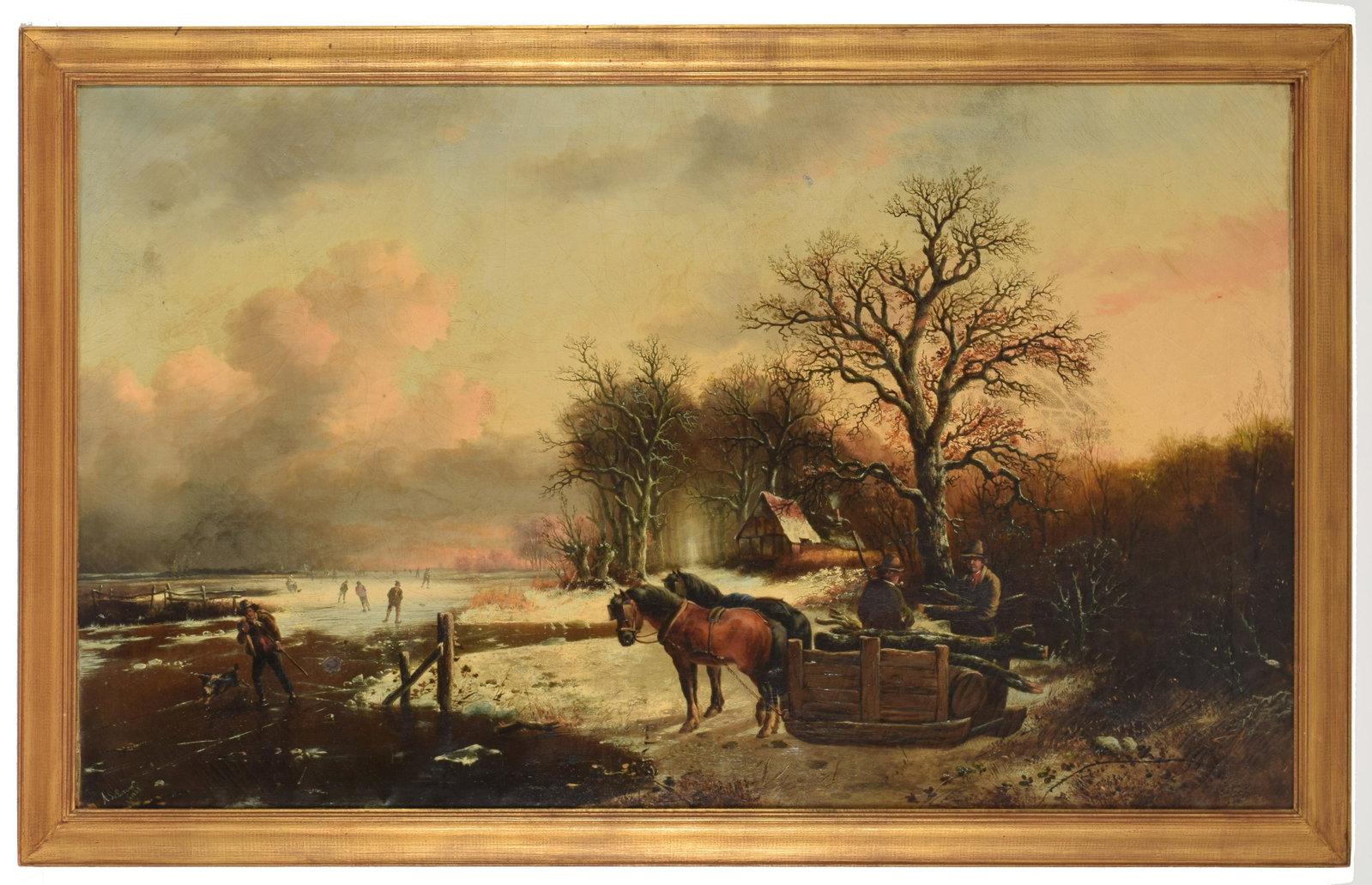 Alexis de Leeuw. Belgian. Large winter landscape with: Alexis de Leeuw. Belgian. Large winter landscape with figures skating and horse drawn sleigh. 1865. Oil on canvas. Framed. Signed and dated lower left. All over craquelure. Sight: 30in x 50in. Overall