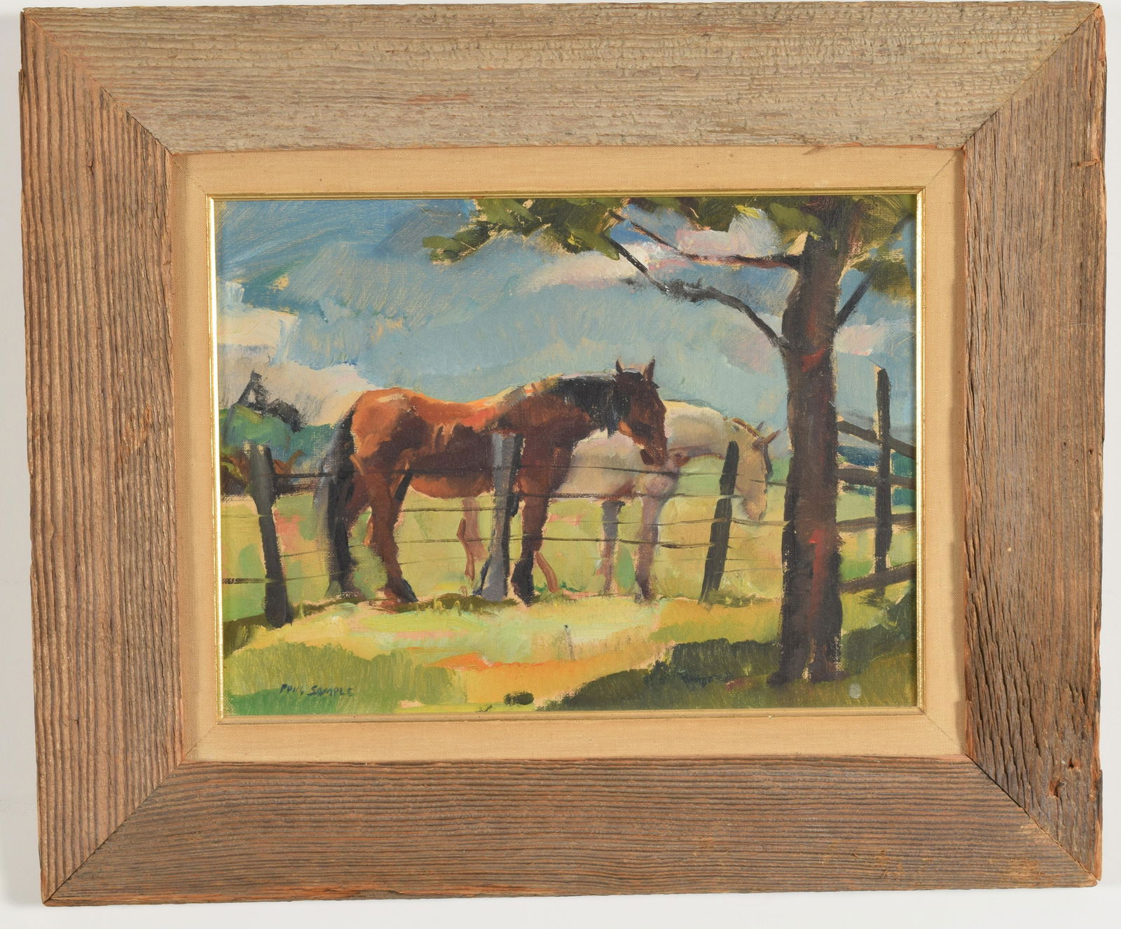 Paul Sample. American. Horses in a pasture. Oil on: Paul Sample. American. Horses in a pasture. Oil on board. Framed. Signed lower left, inscribed on reverse. Sight size 9 x 12in overall size 14.5 x 17.5in. Painting in good condition.