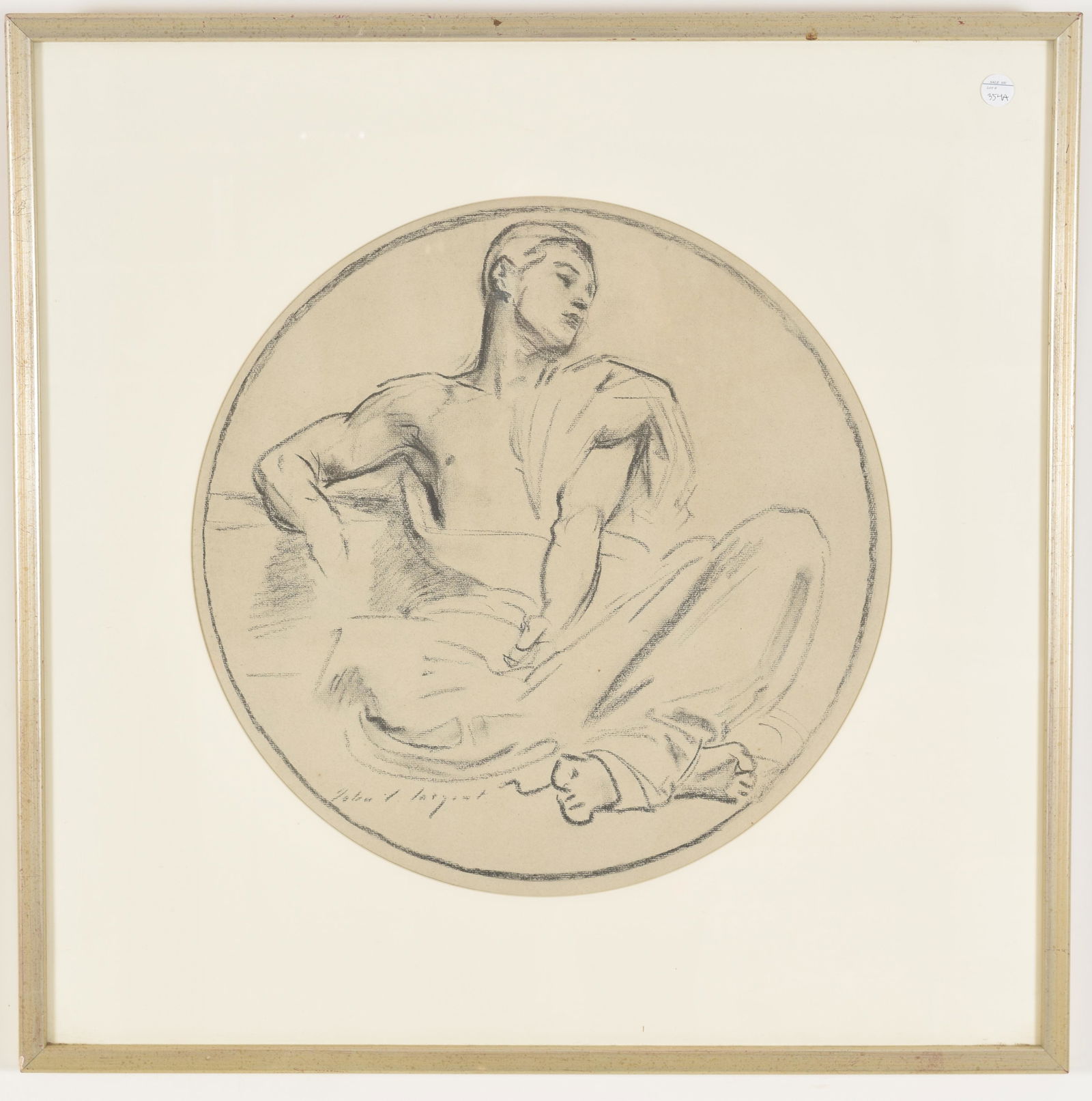 John Singer Sargent original lithograph. Round form: John Singer Sargent original lithograph. Round form with seated figure. Framed. Sight: 16.5in diameter. Overall: 25in x 25in. Good condition.