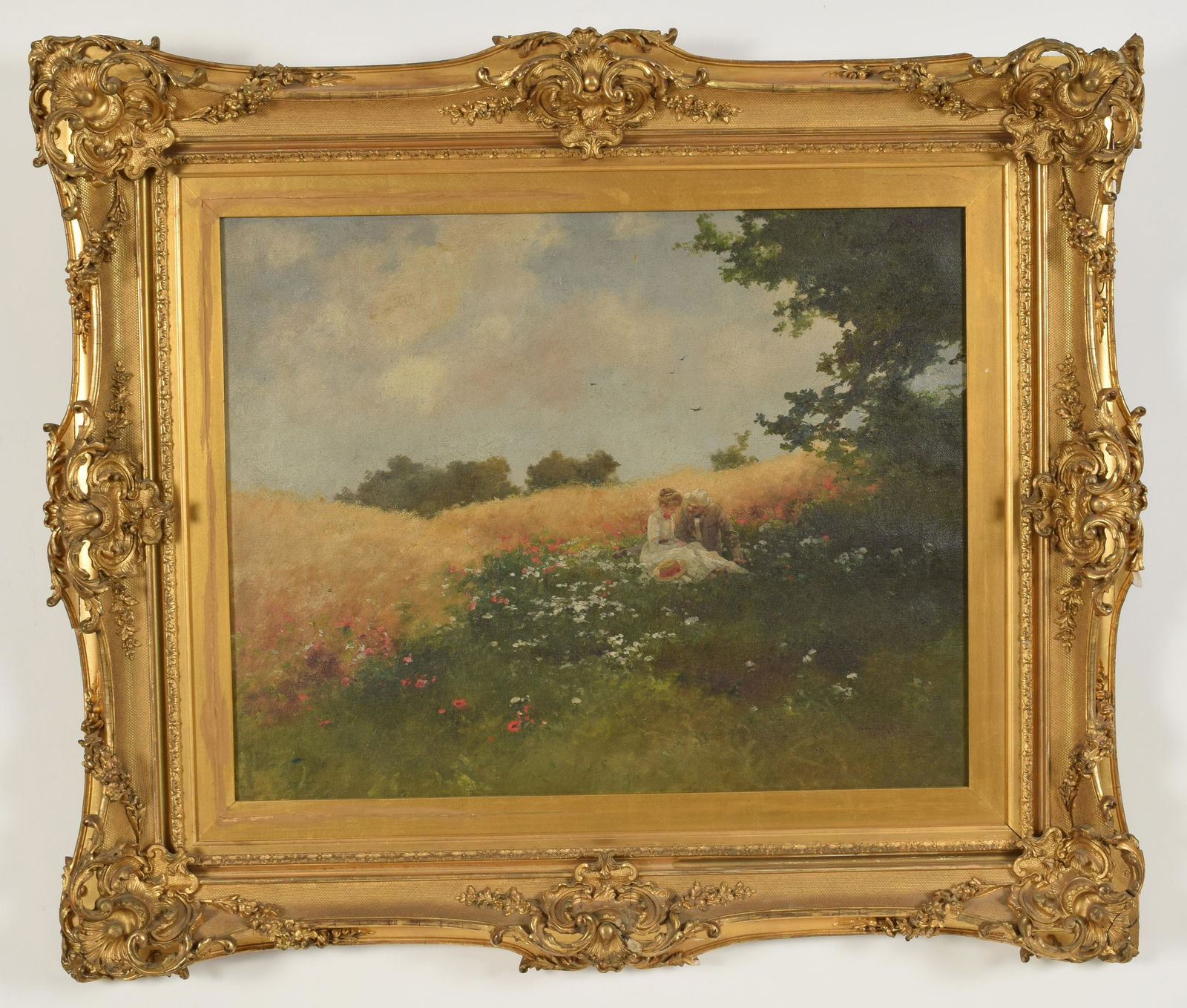Laszlo Neogrady. Hungarian. Impressionist floral: Laszlo Neogrady. Hungarian. Impressionist floral landscape with amorous couple. Oil on canvas. Framed. Signed lower right Painting in need of cleaning. Frame as-is. Titled on reverse. Sight: 20in x 25