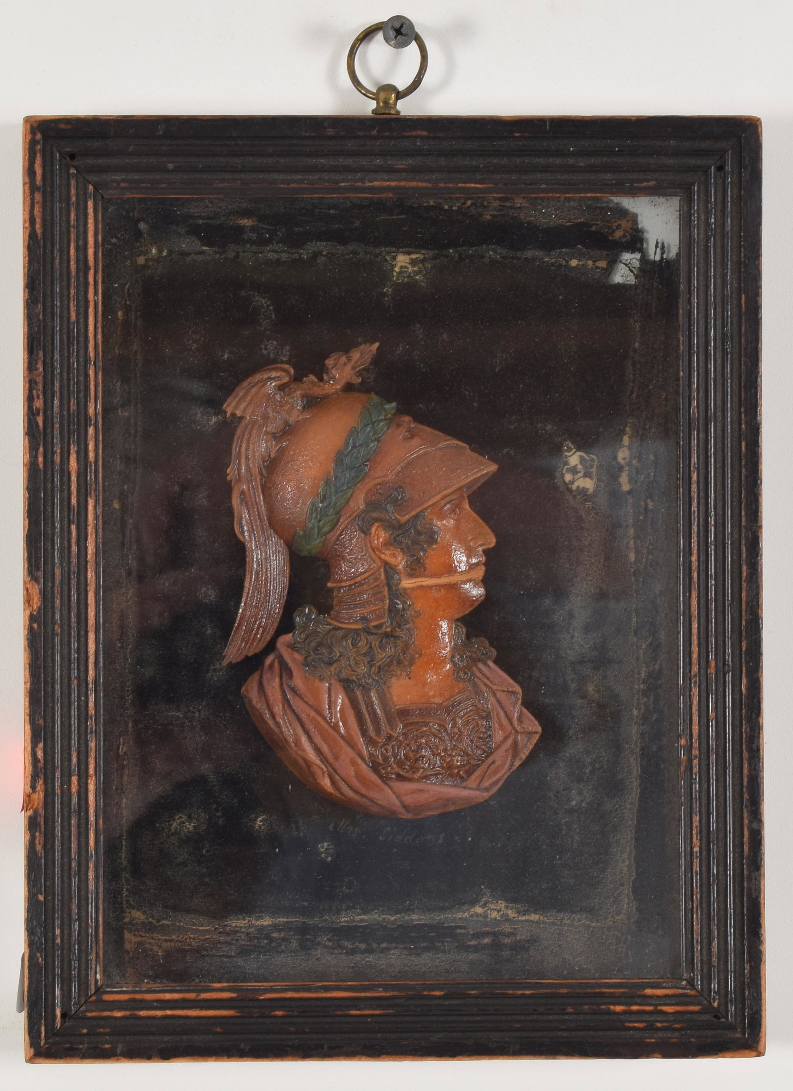 John Flaxman 1755-1826. Carved wax portrait bust of: John Flaxman 1755-1826. Carved wax portrait bust of â€œMrs. Siddons” mounted on reverse painted glass panel. Missing paint decoration on glass. Framed. 9.25 x 7.25in