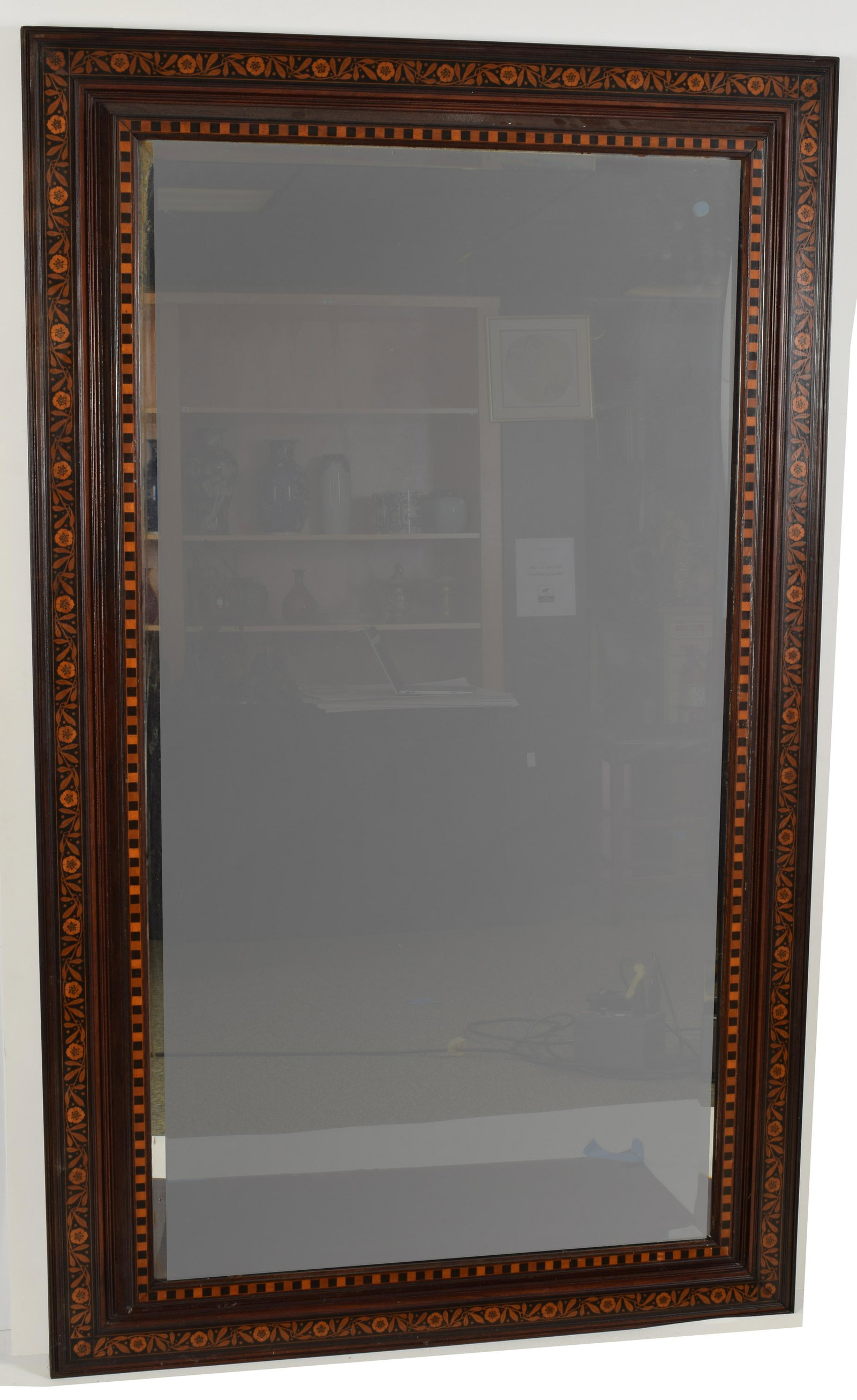 Herter Brothers aesthetic movement, cherry blossom: Herter Brothers aesthetic movement, cherry blossom inlaid mirror, circa 1880. Branded Herter Brothers and marked in chalk, "Newport". 71.25 x 43in. Formerly from a dressing table. Top left side (as cu