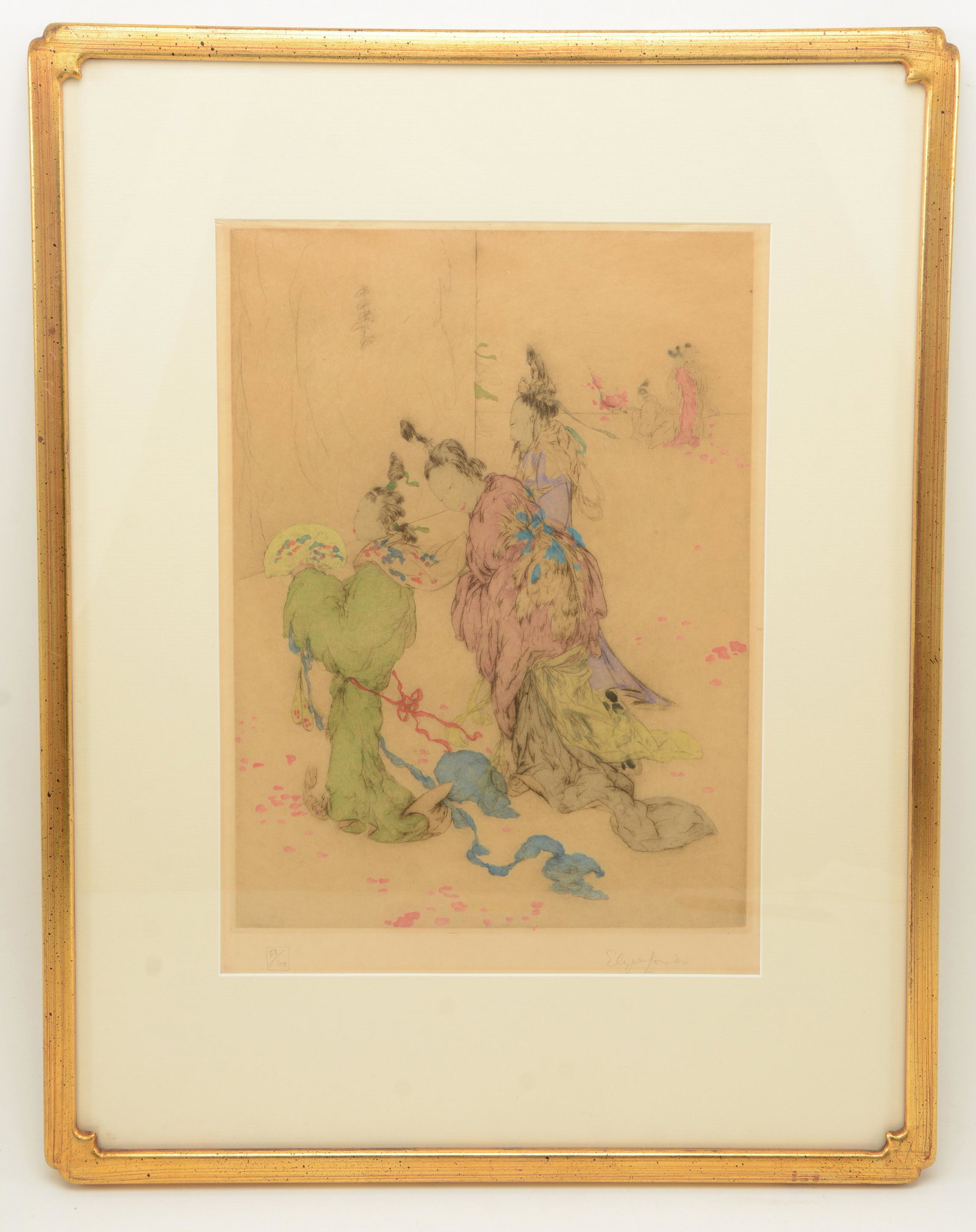 Elyse Ashe Lord (English, 1900-1971) Springtime at: Elyse Ashe Lord (English, 1900-1971) "Springtime at Loyang" etching with wash. Signed lower right, edition 52/100. Sight 14.5in x 11in, gilt wood frame 22.5in x 17.75in.
