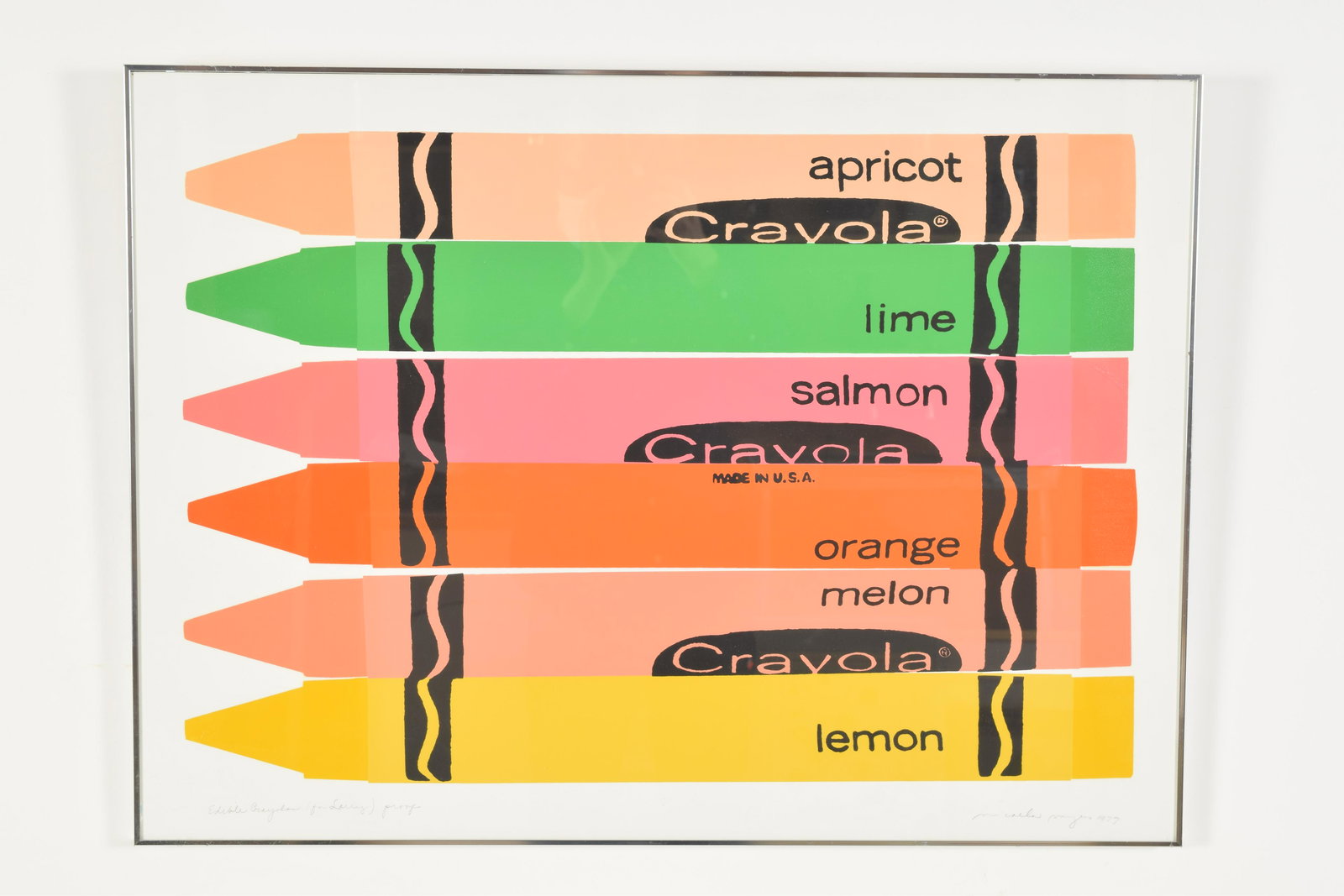 Mickey Meyers. American. 1977. Pop art image of crayola: Mickey Meyers. American. 1977. Pop art image of crayola crayons. Silkscreen. â€œEdible crayons (for Sally)”. Signed and dated lower right. Overall: 22.25 x 30.25 in.