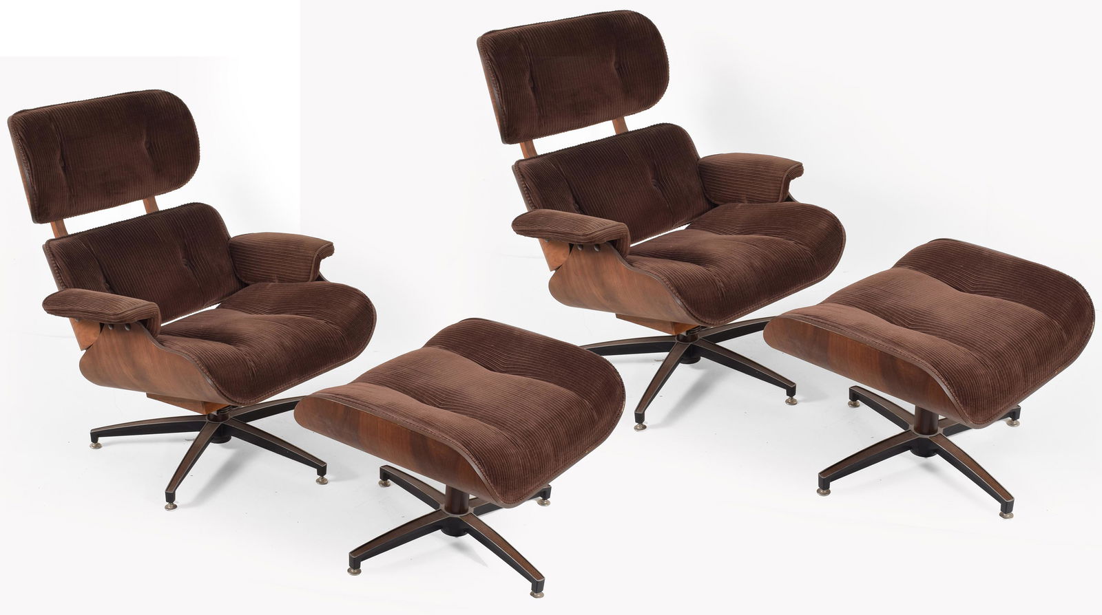 Pair of Eames style swivel lounge chairs and ottomans (1 of 12)