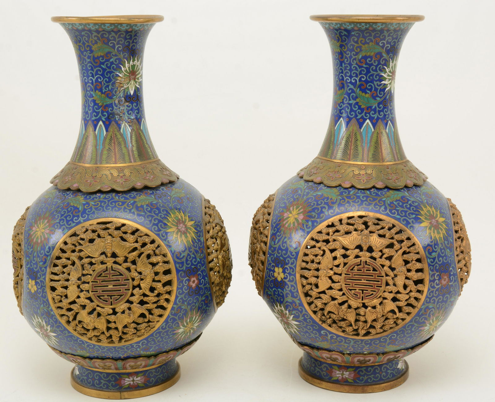 Pair of Cloisonne Vases. Blue grounds with scrolling (1 of 9)