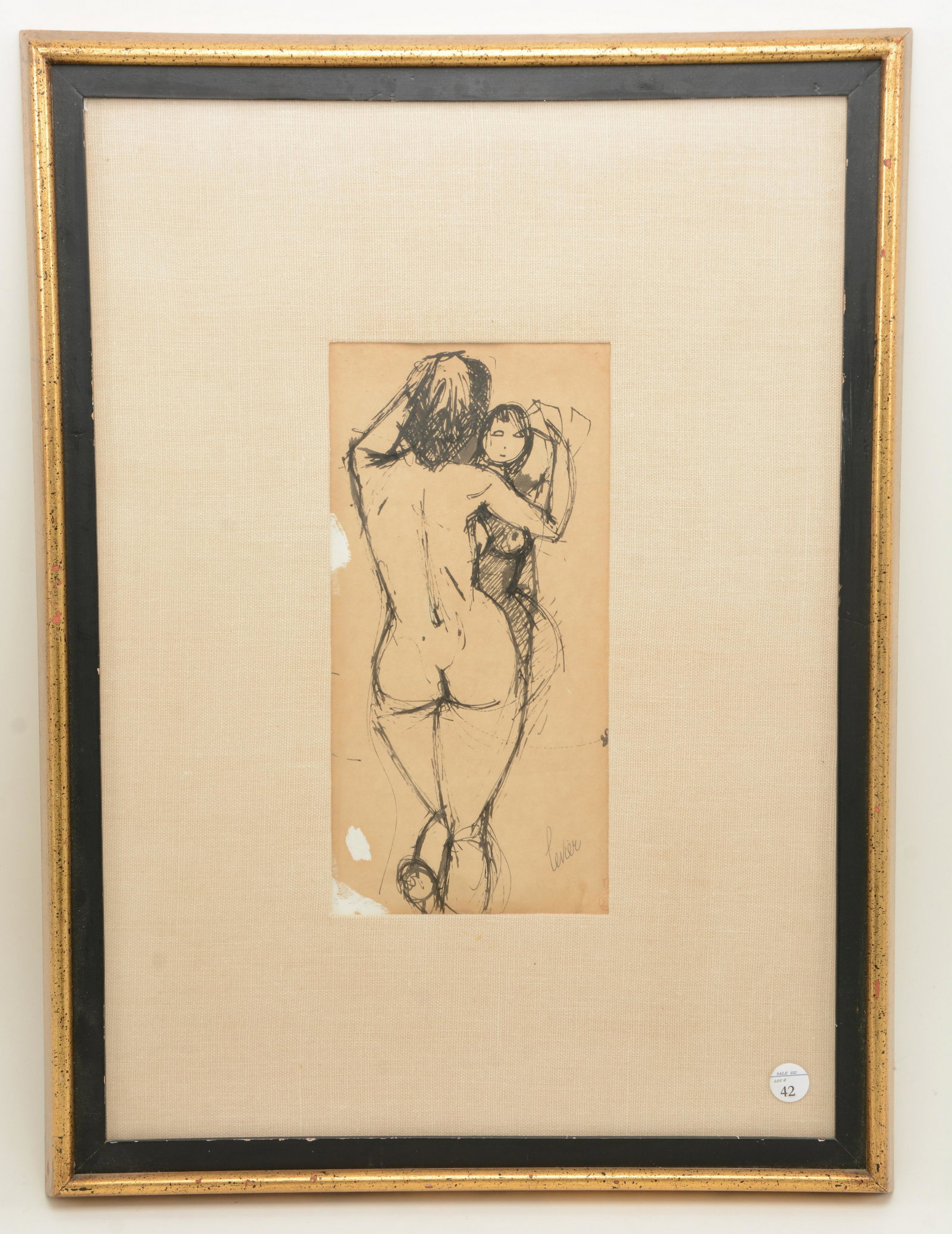 Charles Levier. French. Nude portrait of woman with: Charles Levier. French. Nude portrait of woman with reflection. Ink or watercolor on paper. Signed lower right in pen with partial stamp also visible. Toning to paper. Some wrinkling of paper at edges