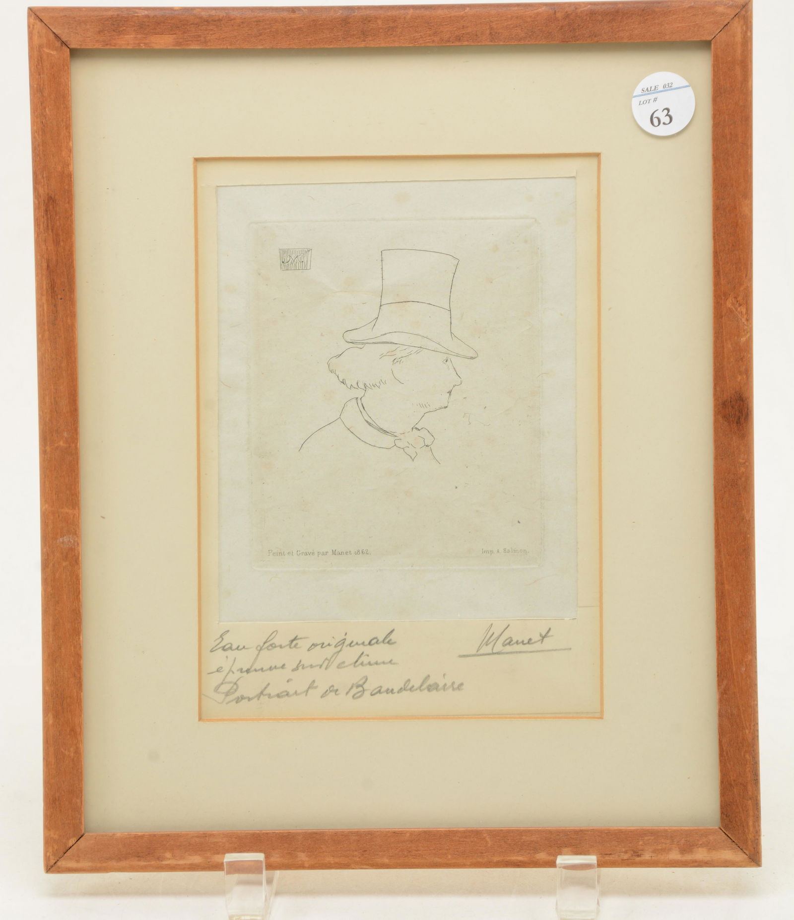 Manet etching of the profile of Baudelaire, late 19 th (1 of 5)