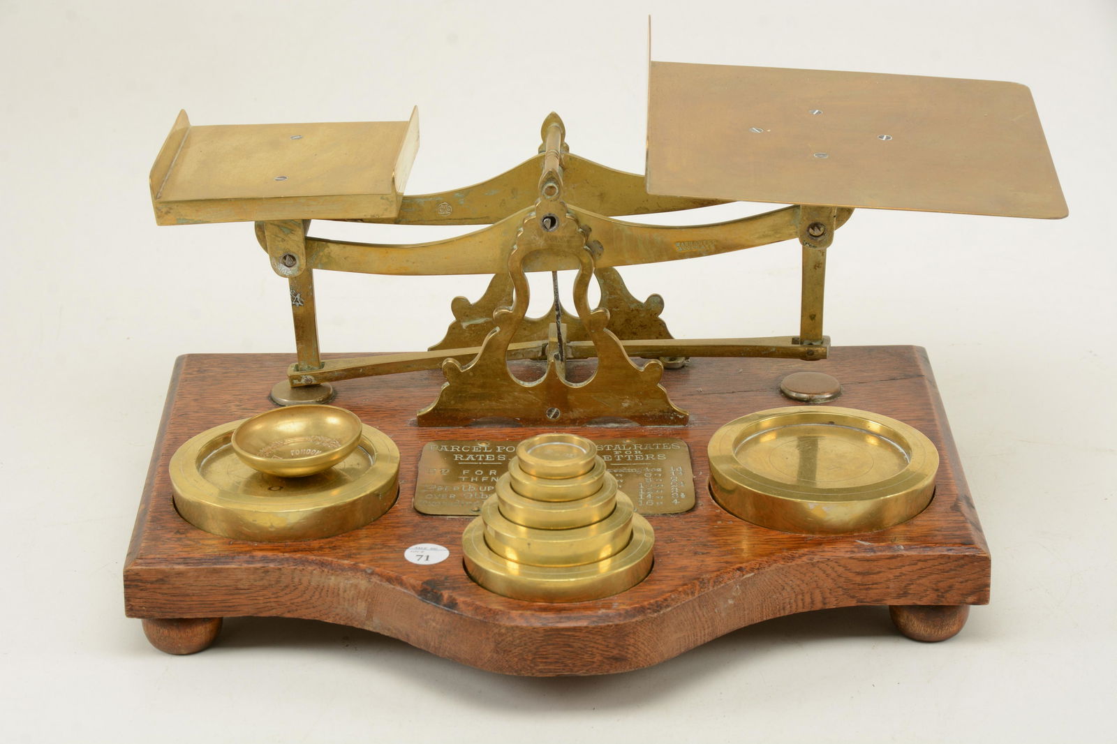 Edwardian brass postal scale mounted on an oak base (1 of 8)