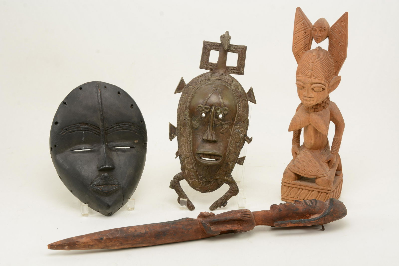 Group of 4 African wood carvings, cast metal mask, a (1 of 13)
