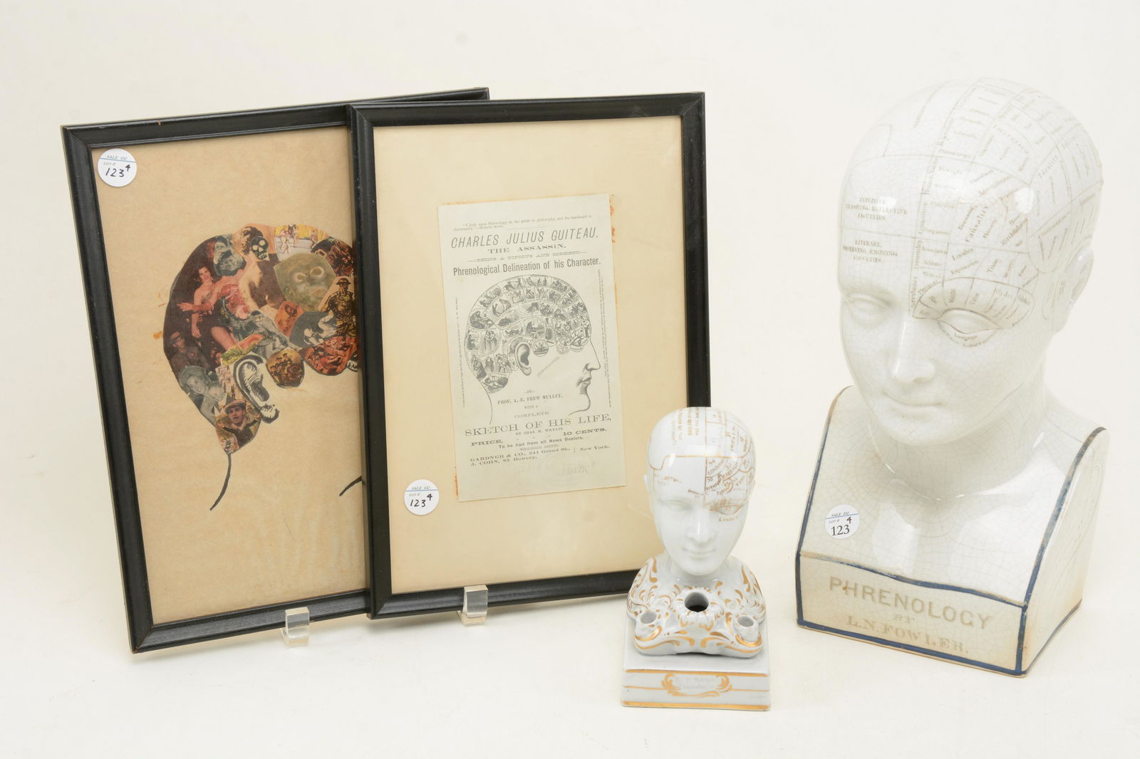 Group of Phrenology items, 2 porcelain study heads and (1 of 15)