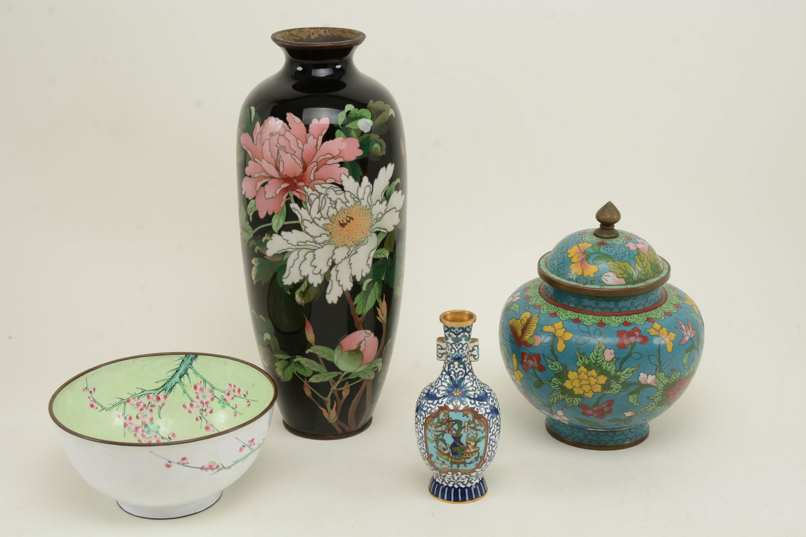 4 pieces of Asian enamel ware. Japanese black vase with (1 of 14)
