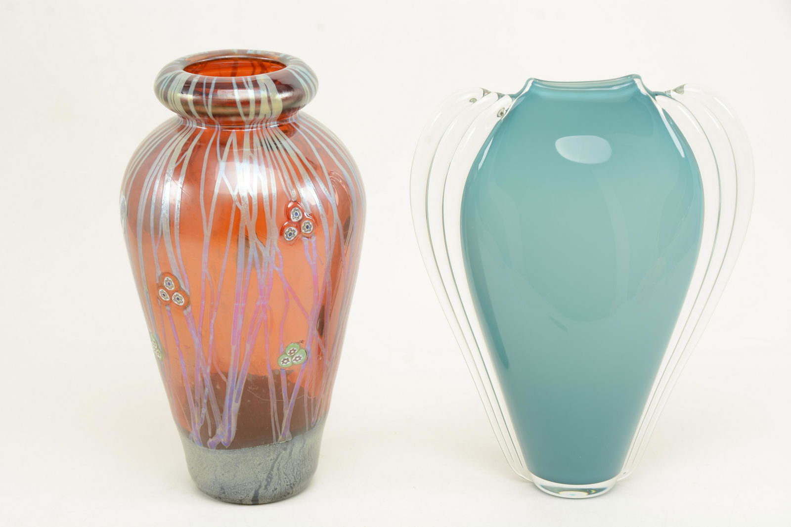2 studio art vases. Teal vase with clear ribbed fins at (1 of 8)