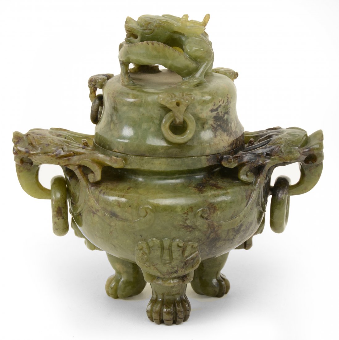Chinese carved green stone censer. Carved dragon lid (1 of 7)