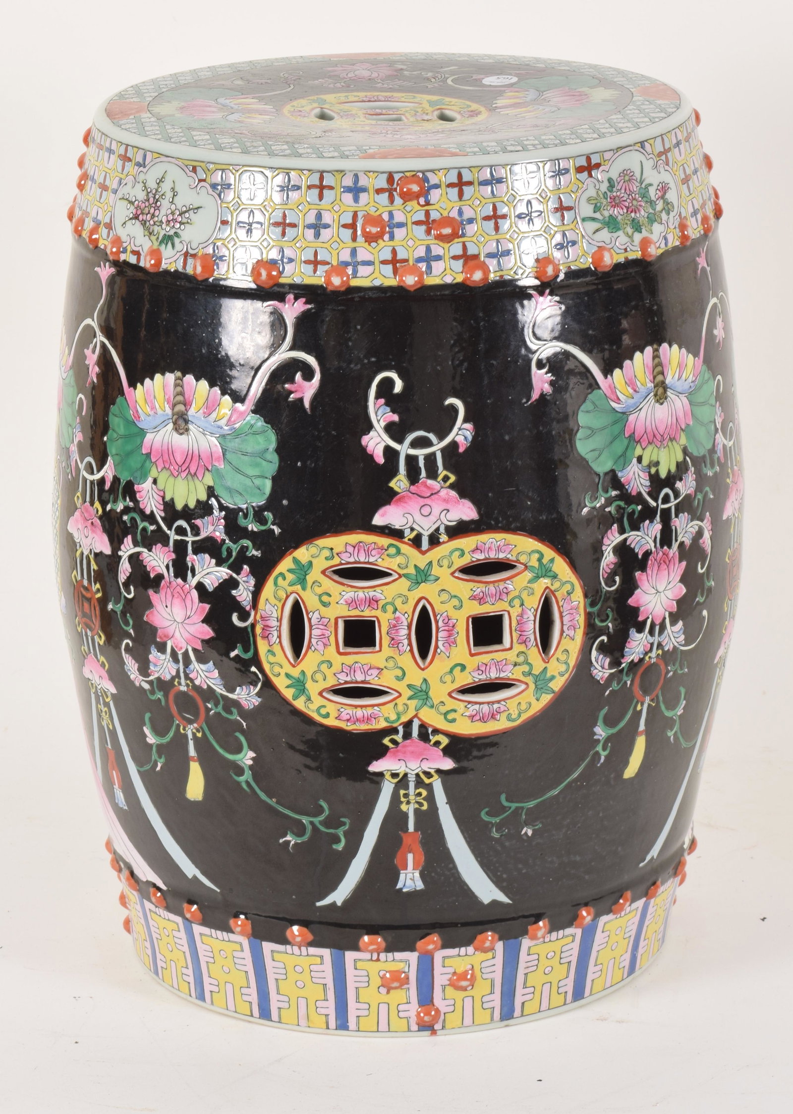 Chinese porcelain garden seat with vases and device: Chinese porcelain garden seat with vases and device with lotus on a black ground, 20 th Century. Height 18.5in